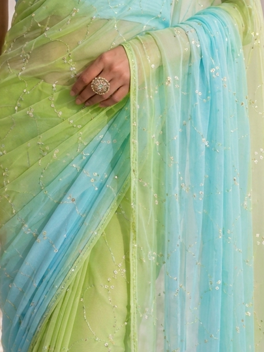 Blue and Green Pure Silk Chiffon Dyed Ombre Saree with Aari Kasab Pita Work and Chinon Blouse Fabric