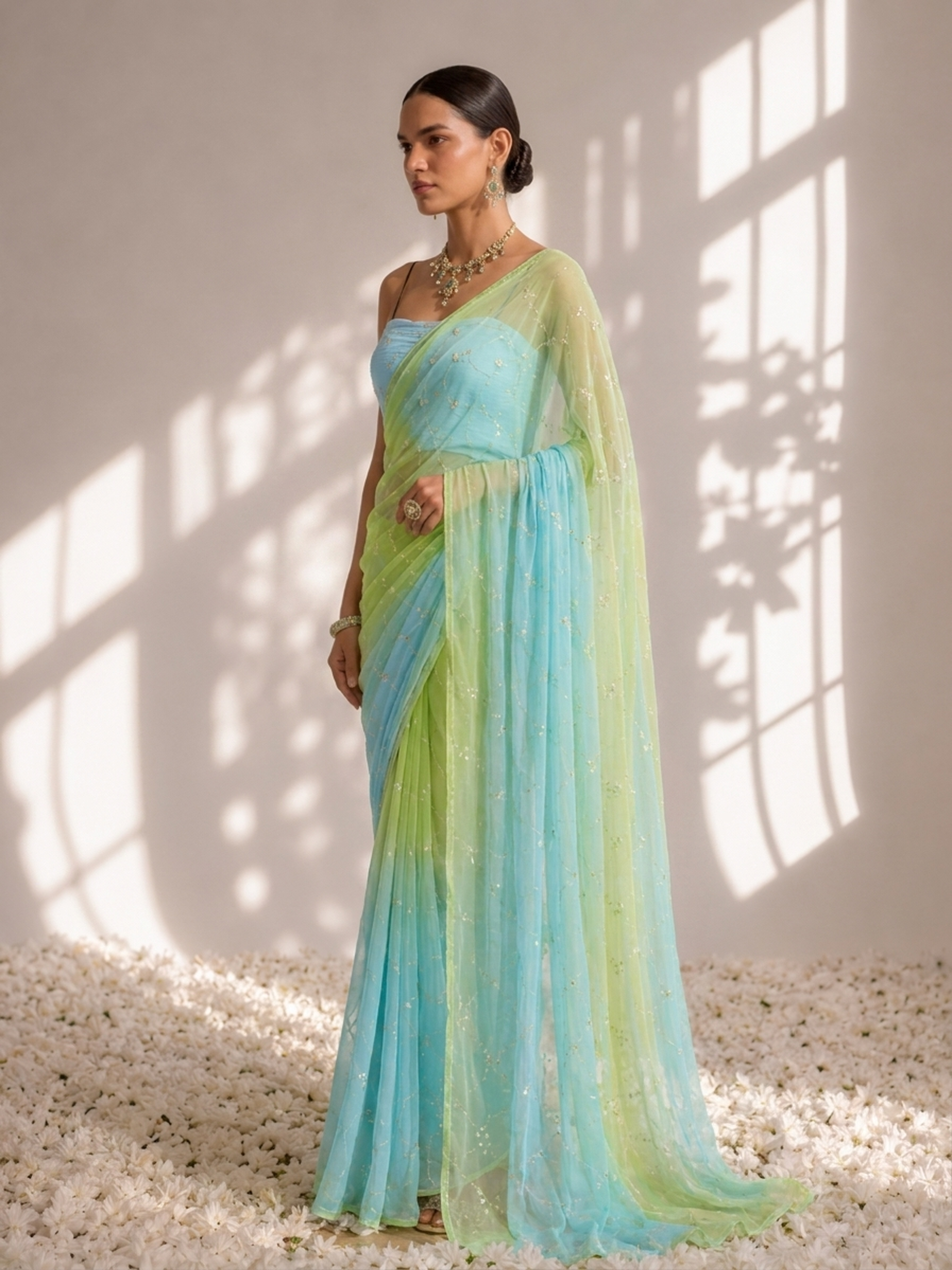 Blue and Green Pure Silk Chiffon Dyed Ombre Saree with Aari Kasab Pita Work and Chinon Blouse Fabric