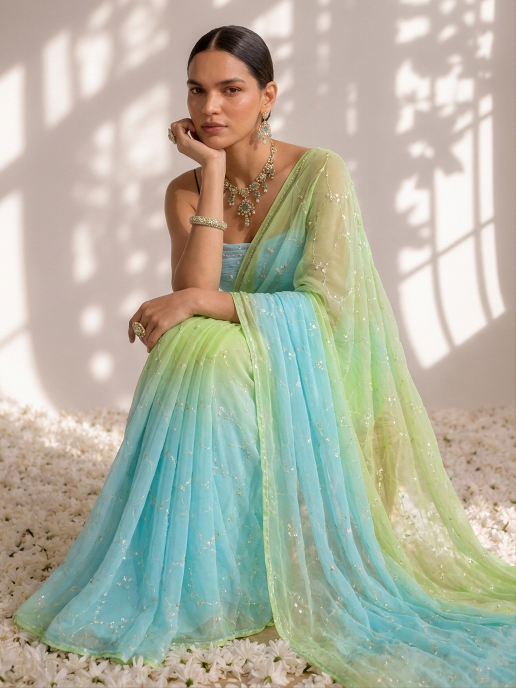 Blue and Green Pure Silk Chiffon Dyed Ombre Saree with Aari Kasab Pita Work and Chinon Blouse Fabric