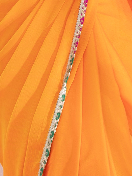 Lady Danger Orange Yellow Dual Shade Chiffon Saree with Lace and Self-Blouse Fabric