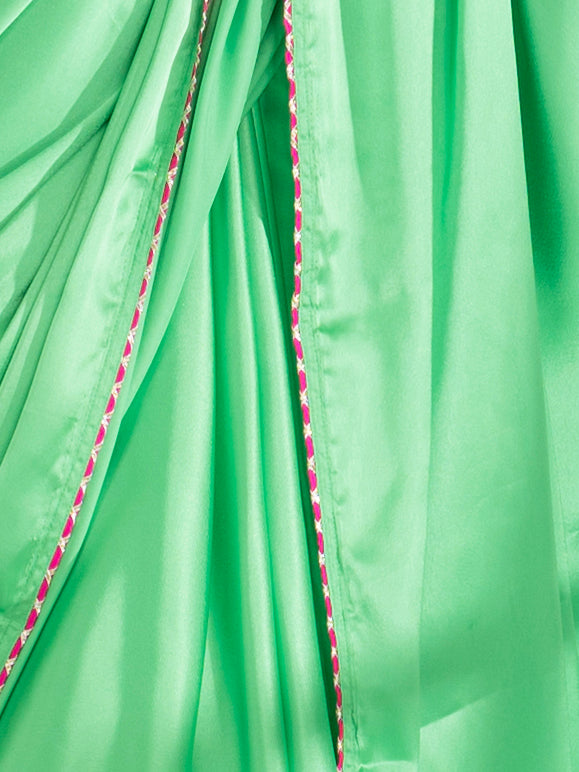 Parrot Green Satin Saree with Gota Edge Lace & Pink Posh Blouse Fabric