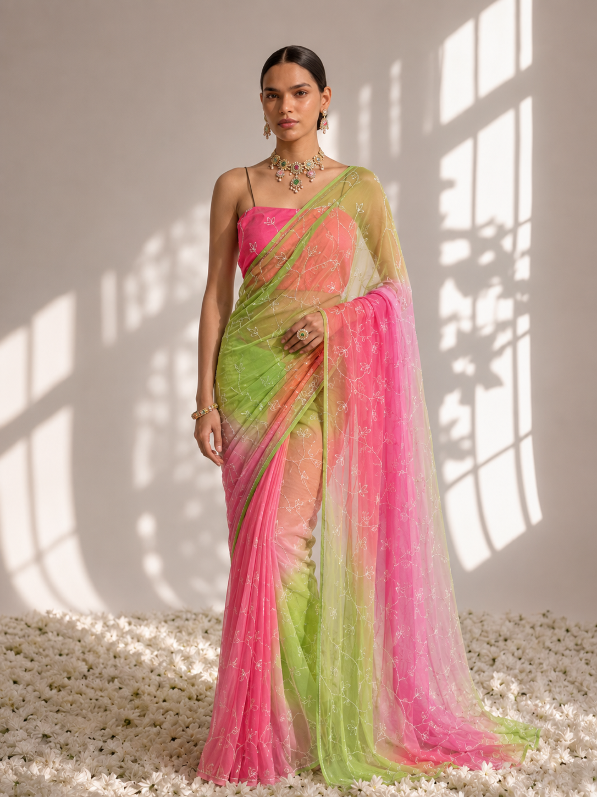 Pink and Lime Pure Silk Chiffon Dyed Ombre Saree with Allover Sequin Handwork and Blouse Fabric