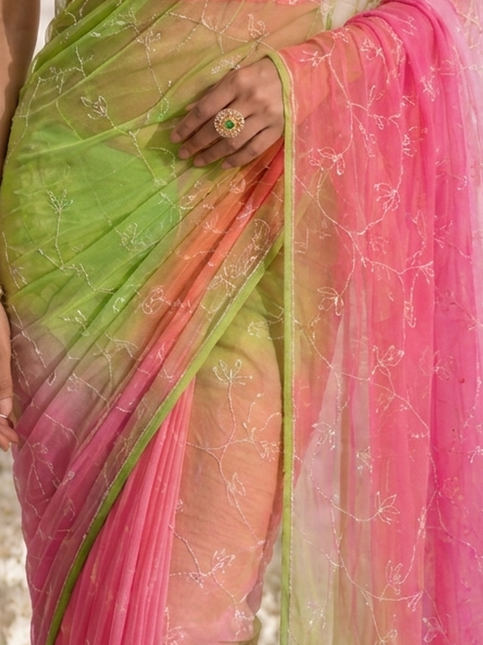 Pink and Lime Pure Silk Chiffon Dyed Ombre Saree with Allover Sequin Handwork and Blouse Fabric