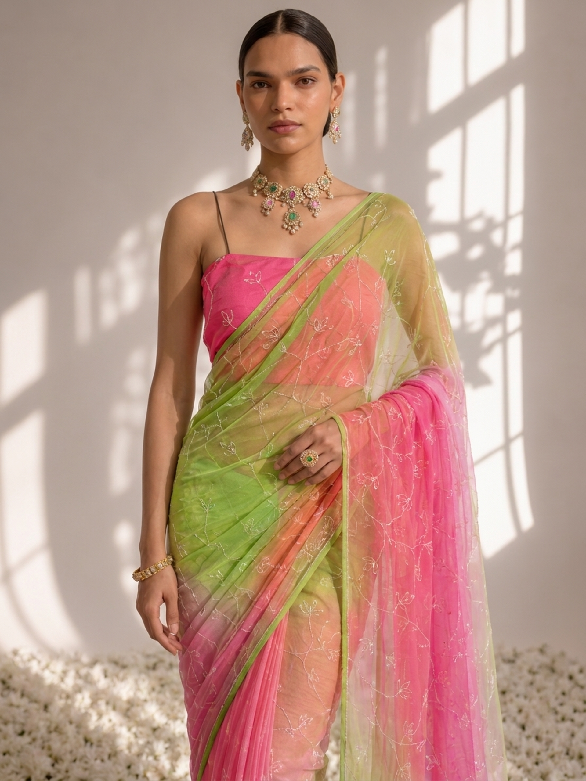 Pink and Lime Pure Silk Chiffon Dyed Ombre Saree with Allover Sequin Handwork and Blouse Fabric