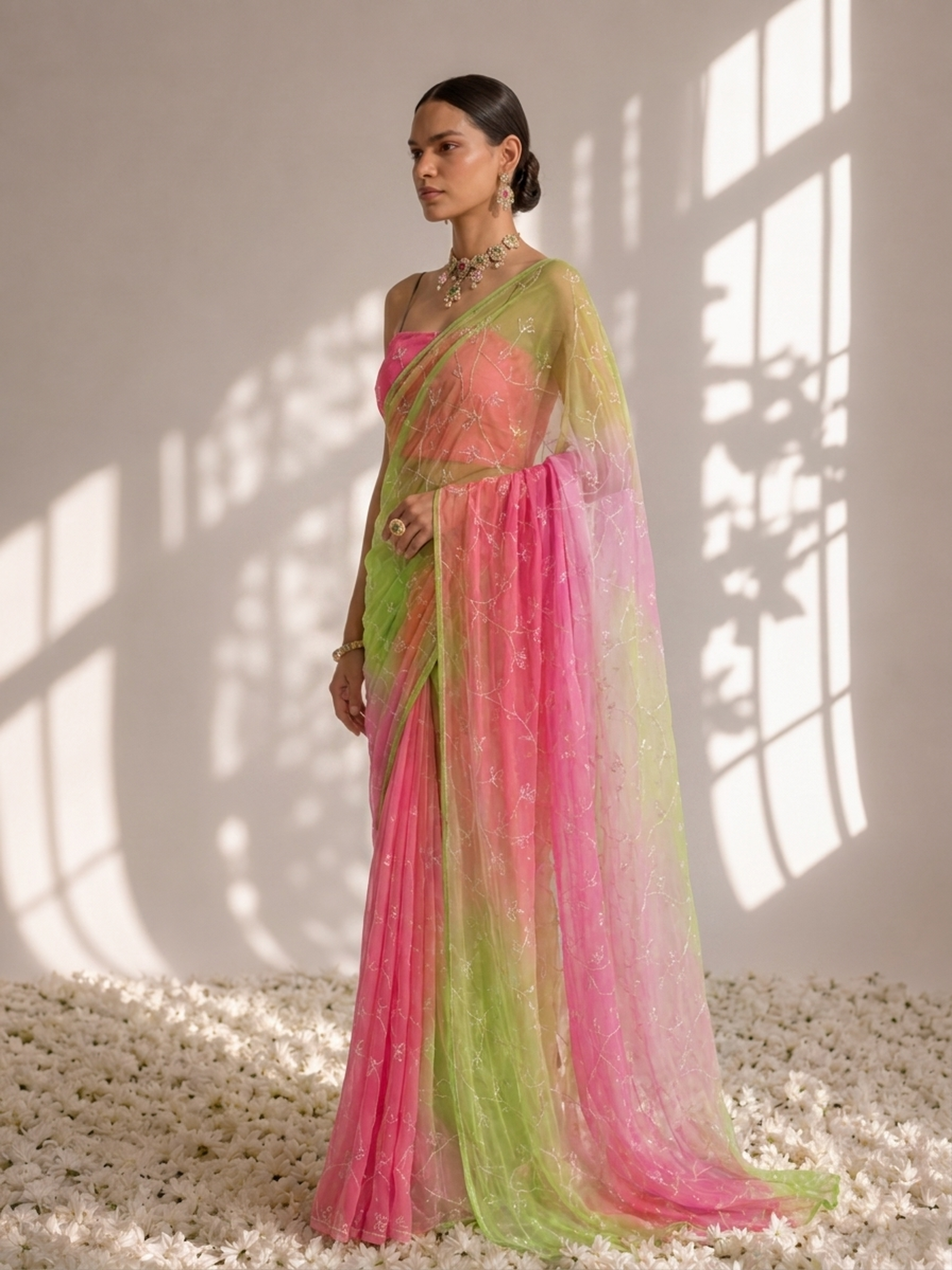 Pink and Lime Pure Silk Chiffon Dyed Ombre Saree with Allover Sequin Handwork and Blouse Fabric