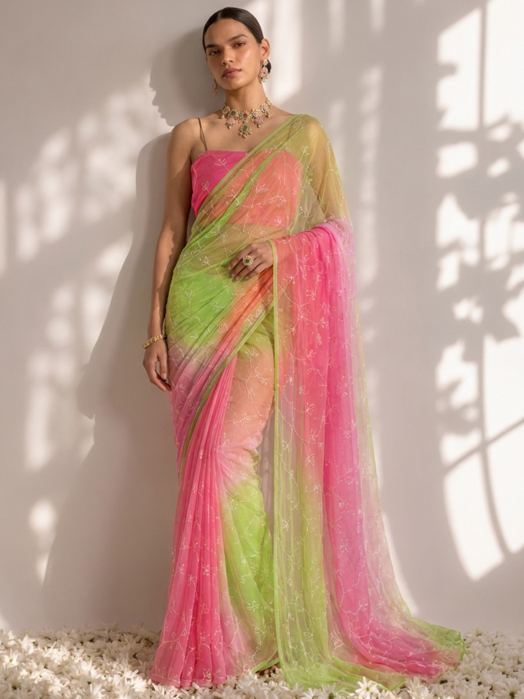 Pink and Lime Pure Silk Chiffon Dyed Ombre Saree with Allover Sequin Handwork and Blouse Fabric