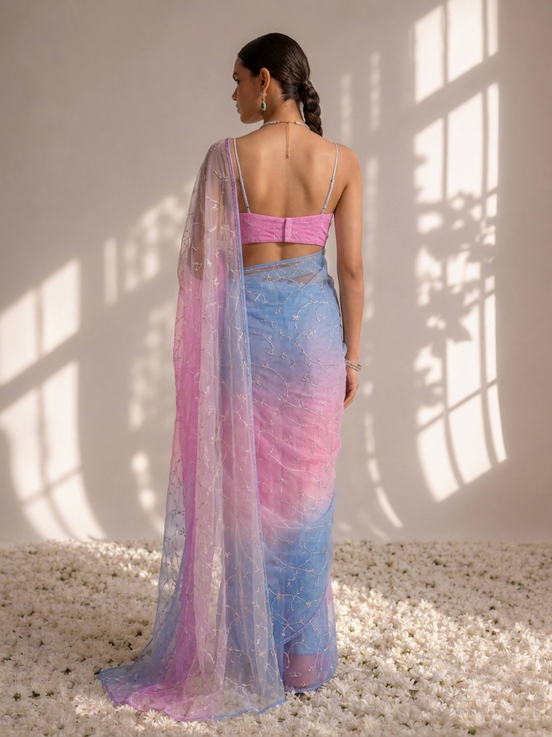 Blue and Pink Pure Silk Chiffon Dyed Ombre Saree with Cut Dana and Blouse Fabric