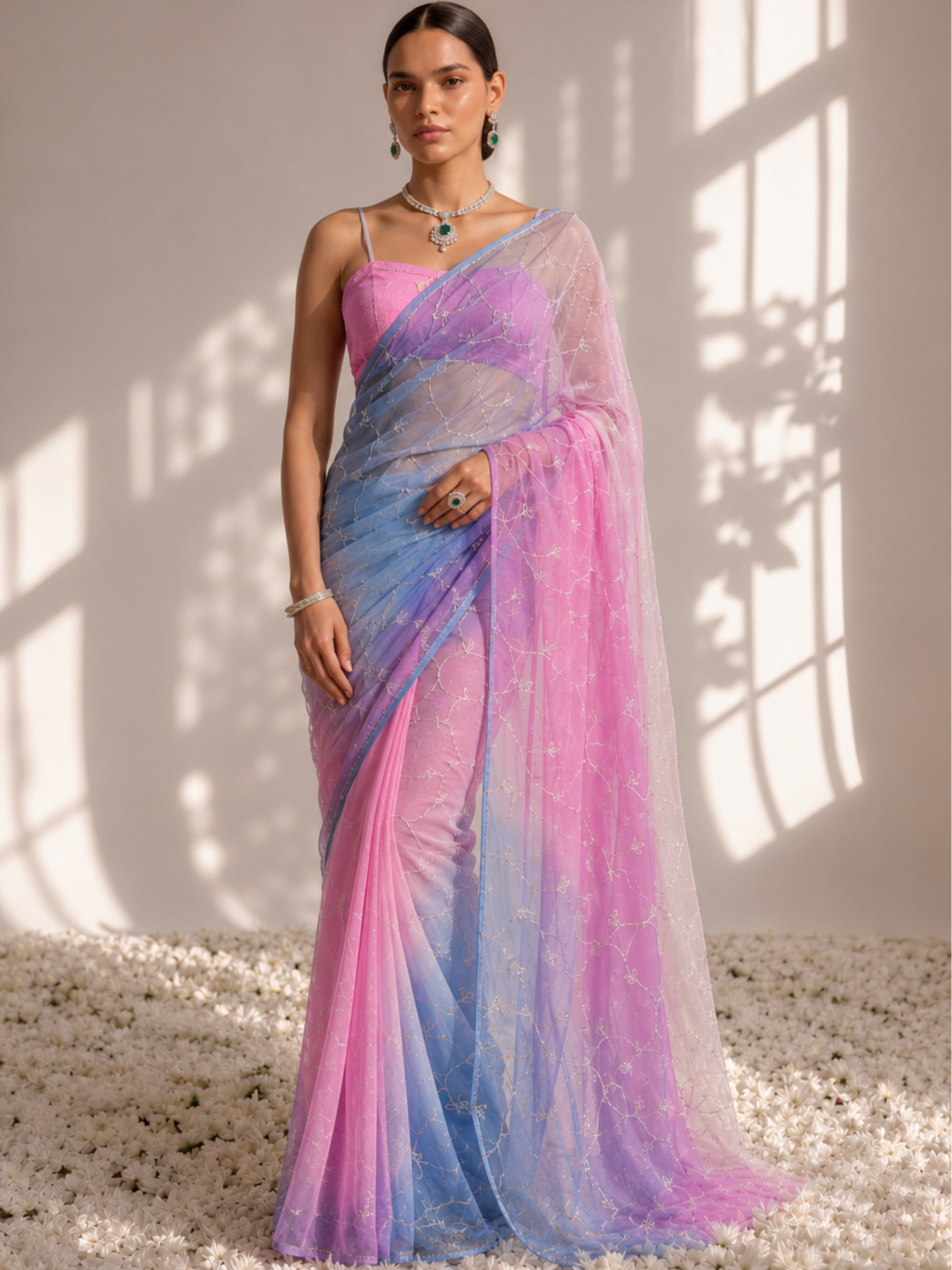 Blue and Pink Pure Silk Chiffon Dyed Ombre Saree with Cut Dana and Blouse Fabric