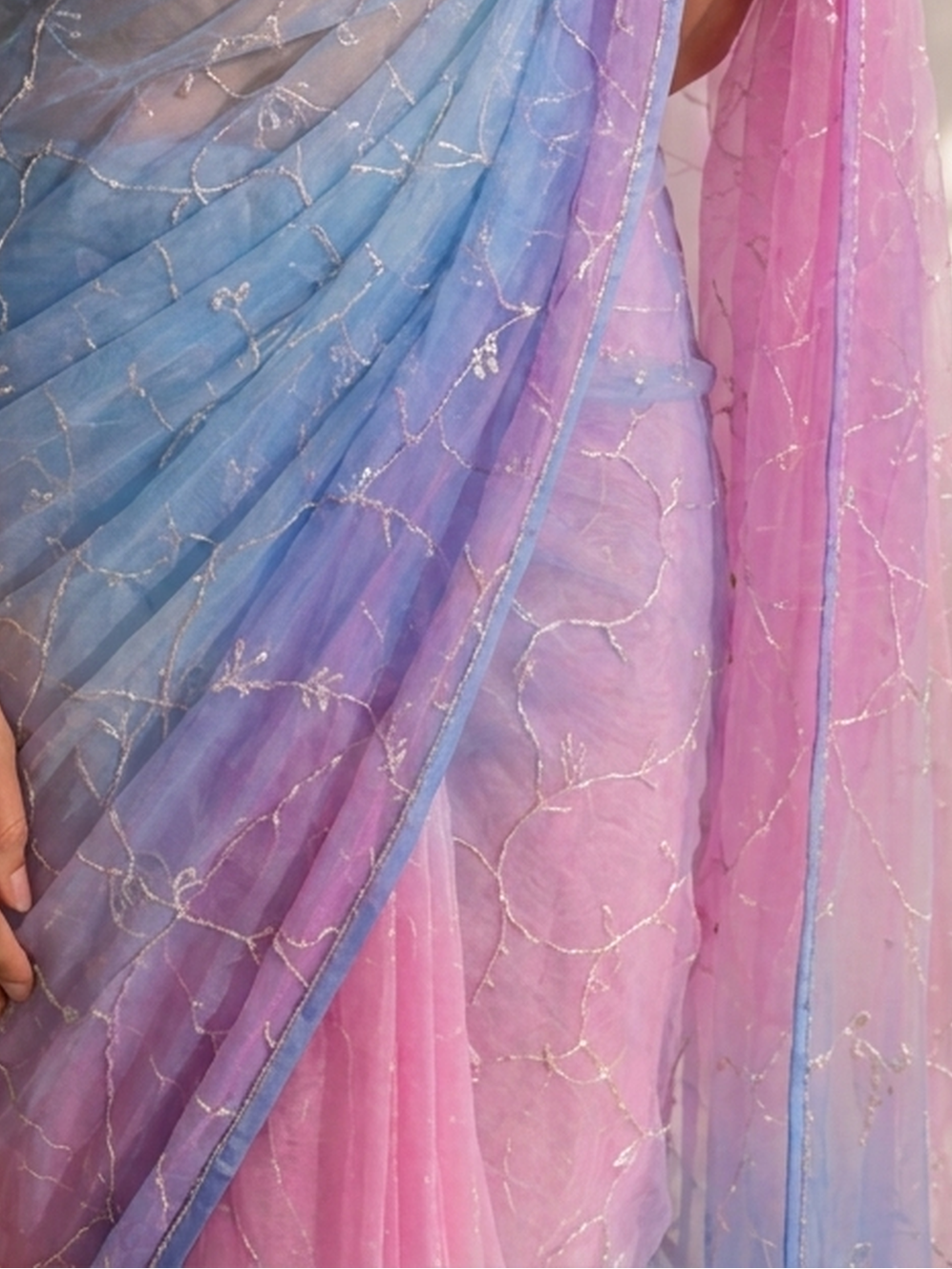 Blue and Pink Pure Silk Chiffon Dyed Ombre Saree with Cut Dana and Blouse Fabric
