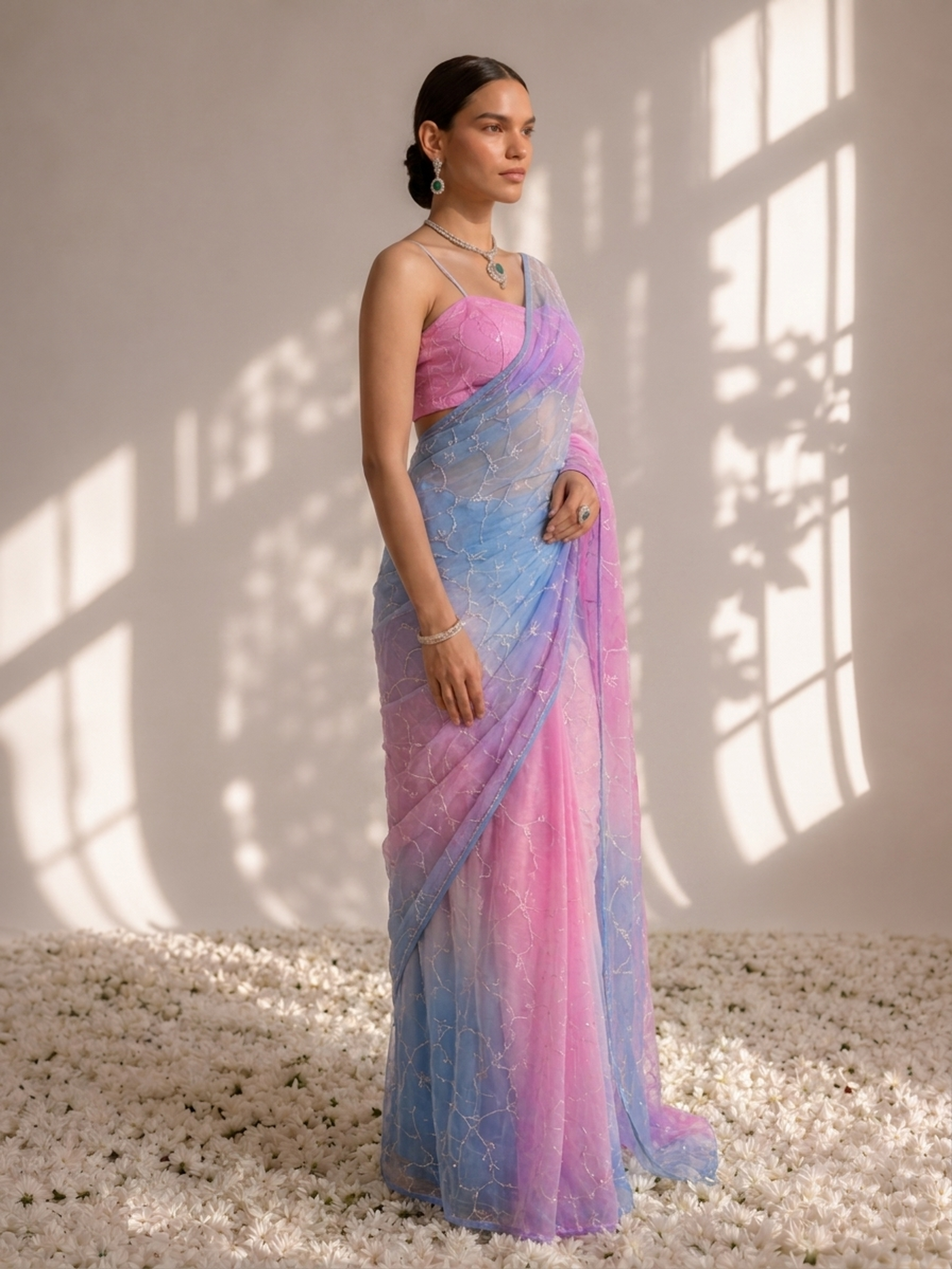 Blue and Pink Pure Silk Chiffon Dyed Ombre Saree with Cut Dana and Blouse Fabric
