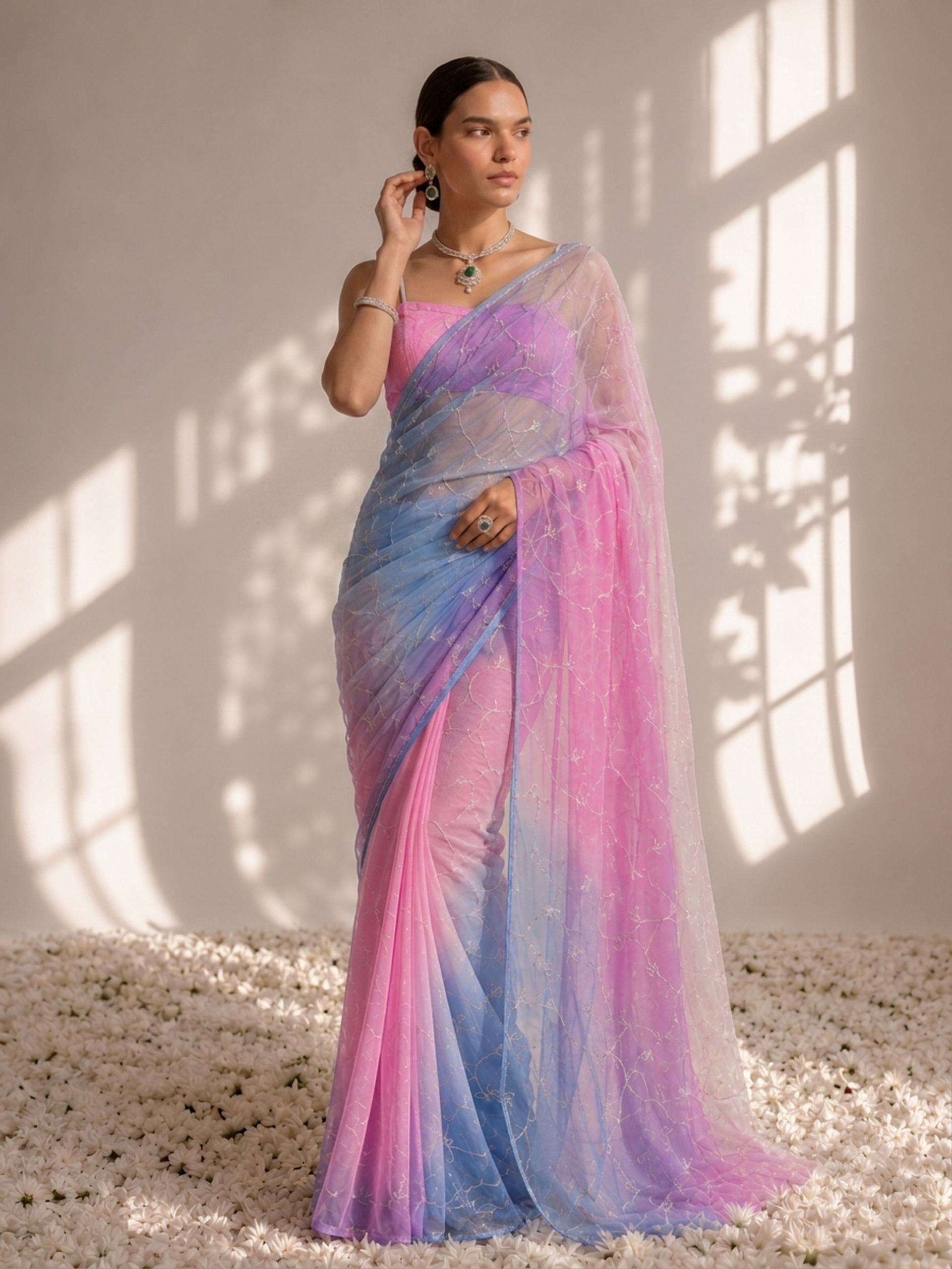 Blue and Pink Pure Silk Chiffon Dyed Ombre Saree with Cut Dana and Blouse Fabric