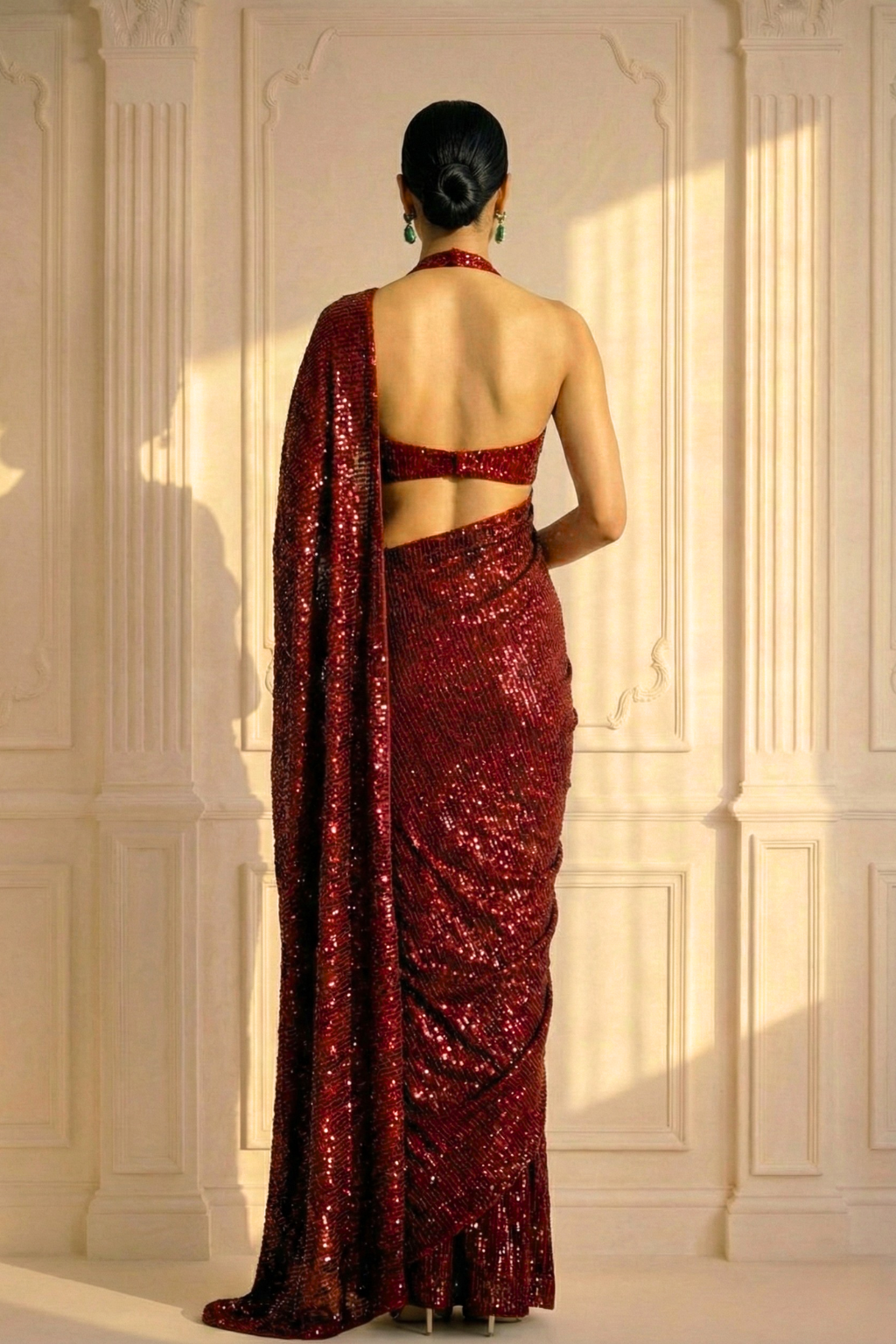 Diva Maroon Knitted Sequin Saree with Blouse Fabric