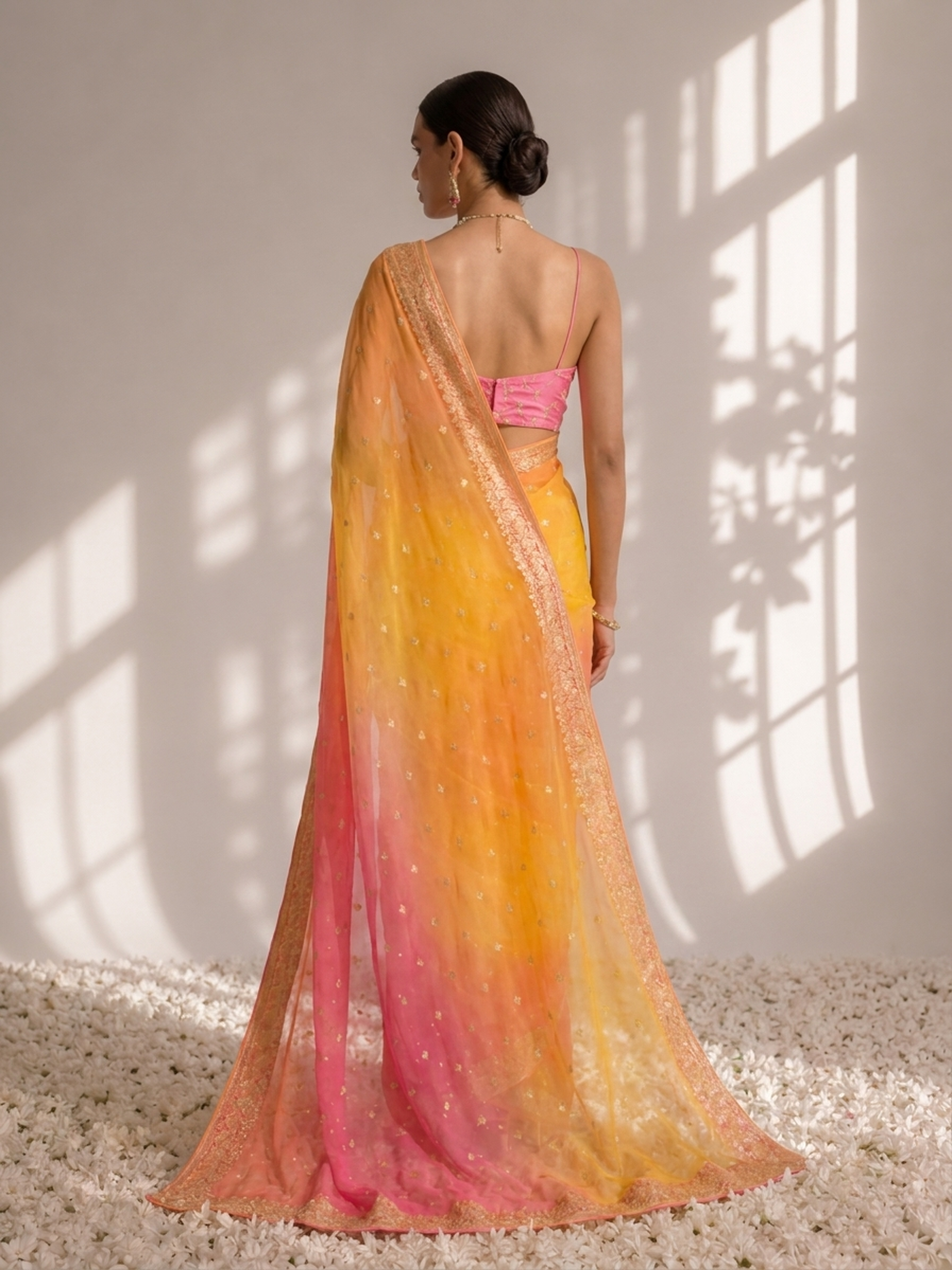 Pink and Yellow Jacquard Chiffon Hand Dyed Ombre Saree with Blouse Fabric