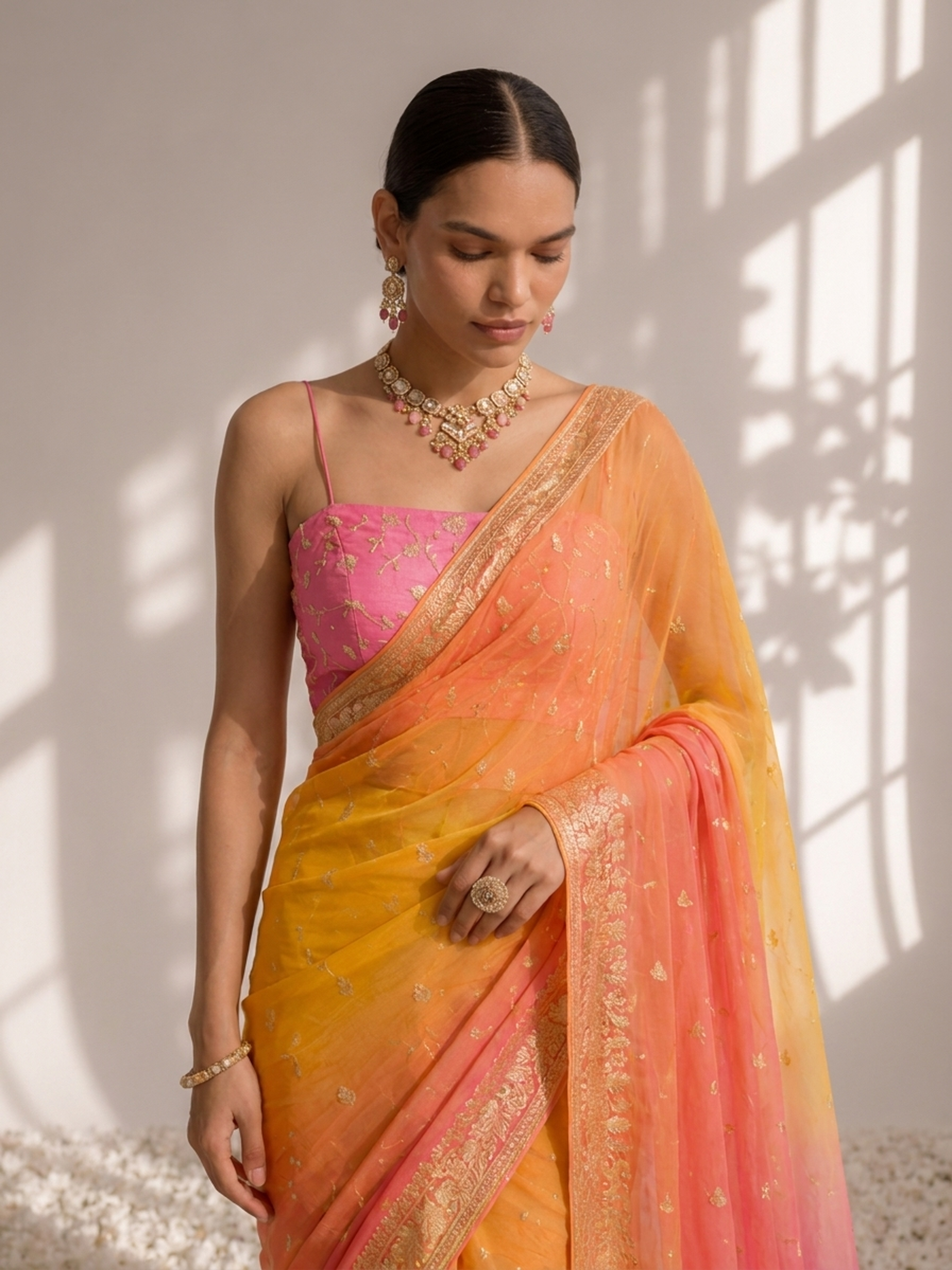 Pink and Yellow Jacquard Chiffon Hand Dyed Ombre Saree with Blouse Fabric