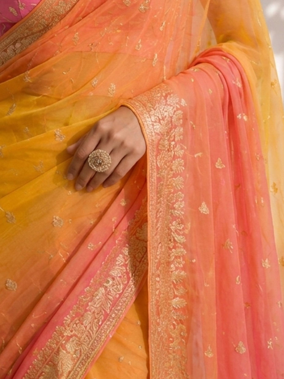 Pink and Yellow Jacquard Chiffon Hand Dyed Ombre Saree with Blouse Fabric
