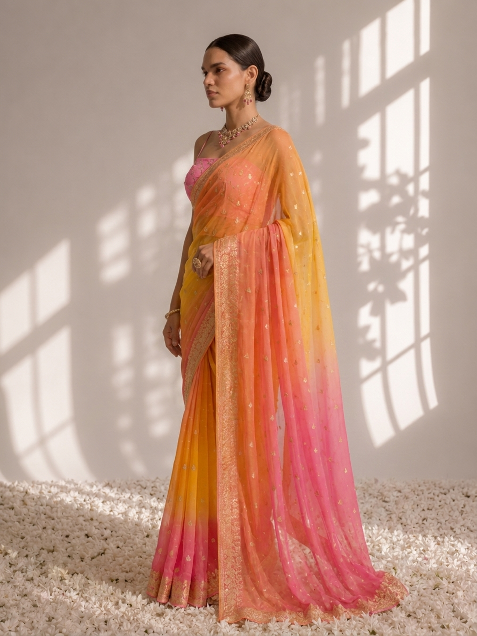 Pink and Yellow Jacquard Chiffon Hand Dyed Ombre Saree with Blouse Fabric