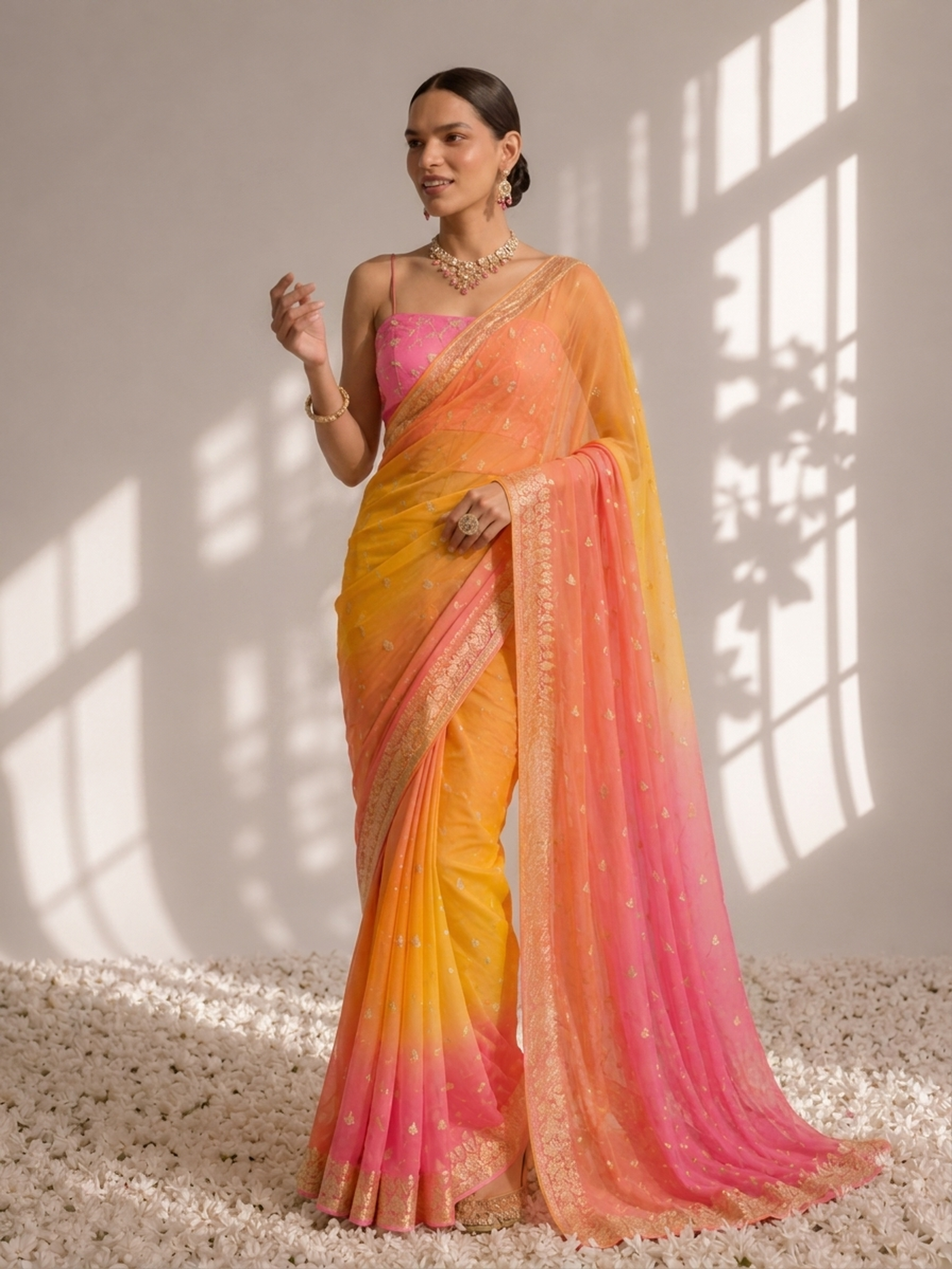 Pink and Yellow Jacquard Chiffon Hand Dyed Ombre Saree with Blouse Fabric