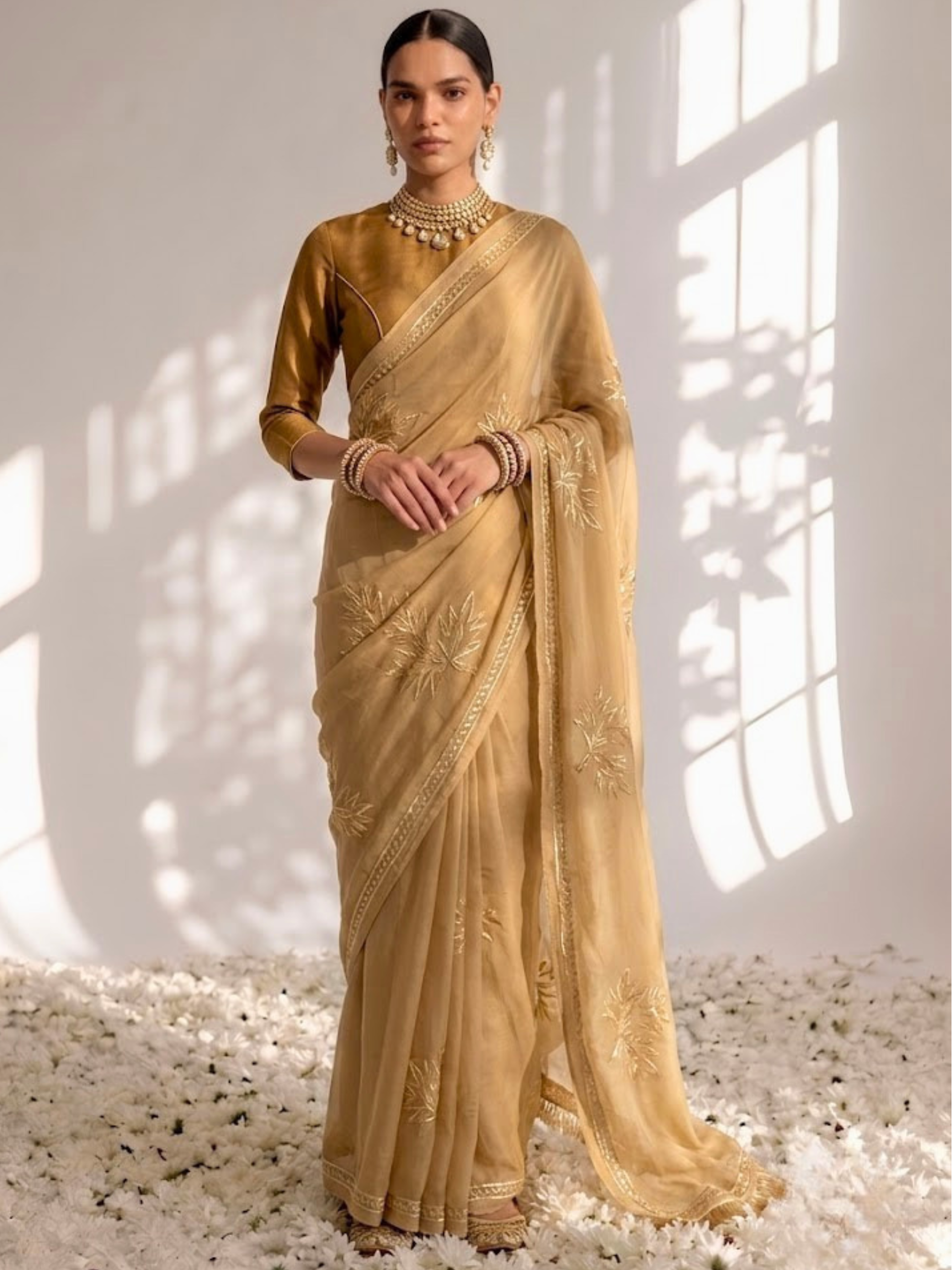 Beige and Fawn Ombre Diamond Chiffon Gota Patti Saree with Blouse Fabric