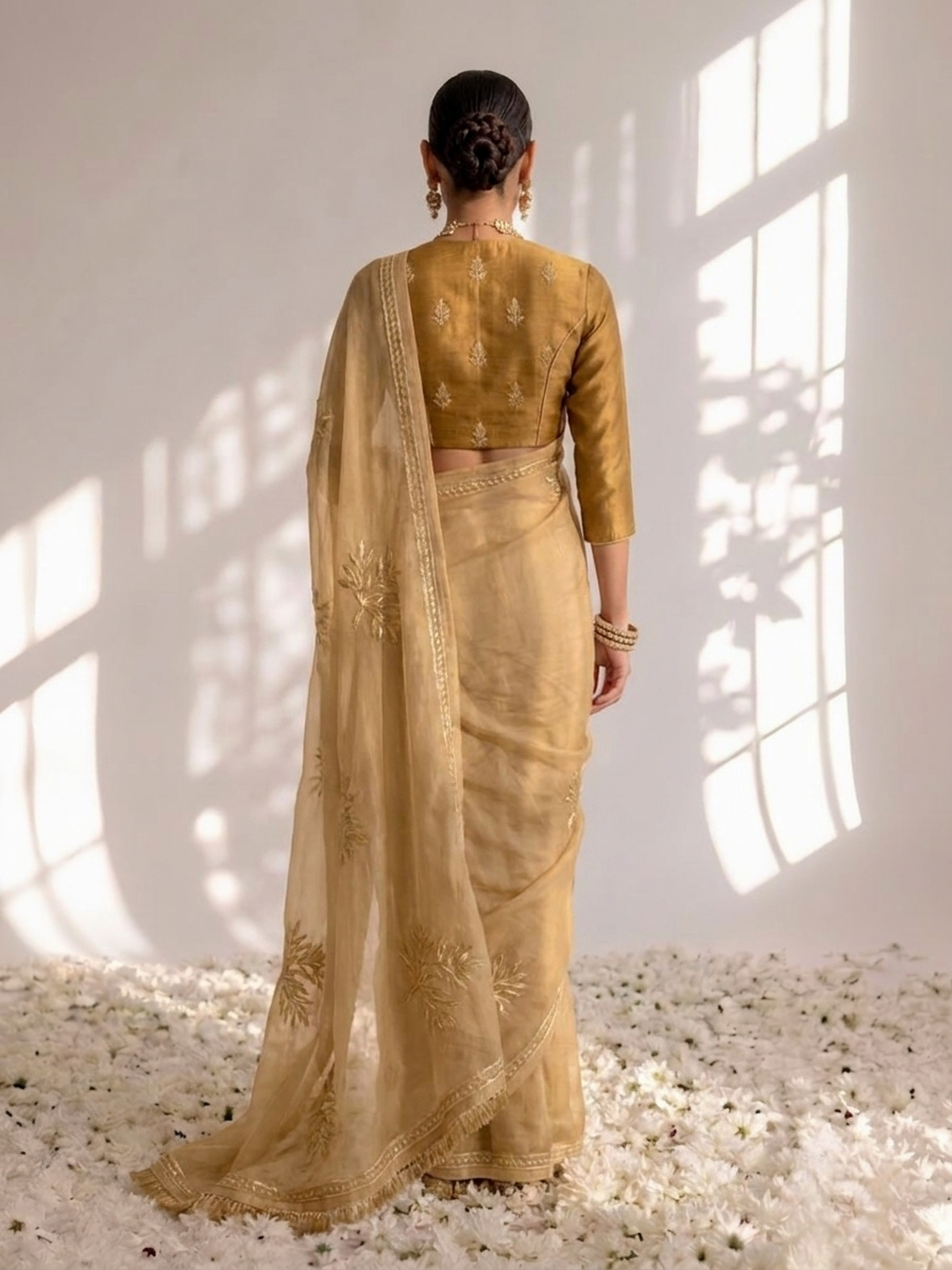 Beige and Fawn Ombre Diamond Chiffon Gota Patti Saree with Blouse Fabric