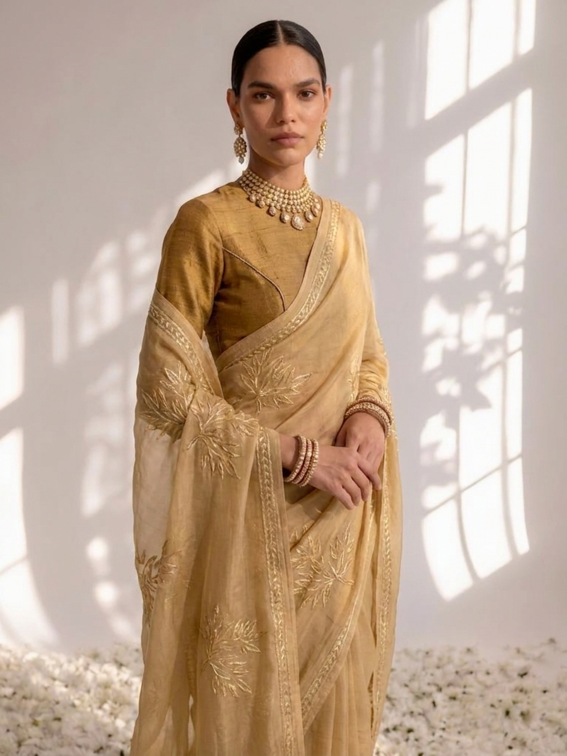 Beige and Fawn Ombre Diamond Chiffon Gota Patti Saree with Blouse Fabric