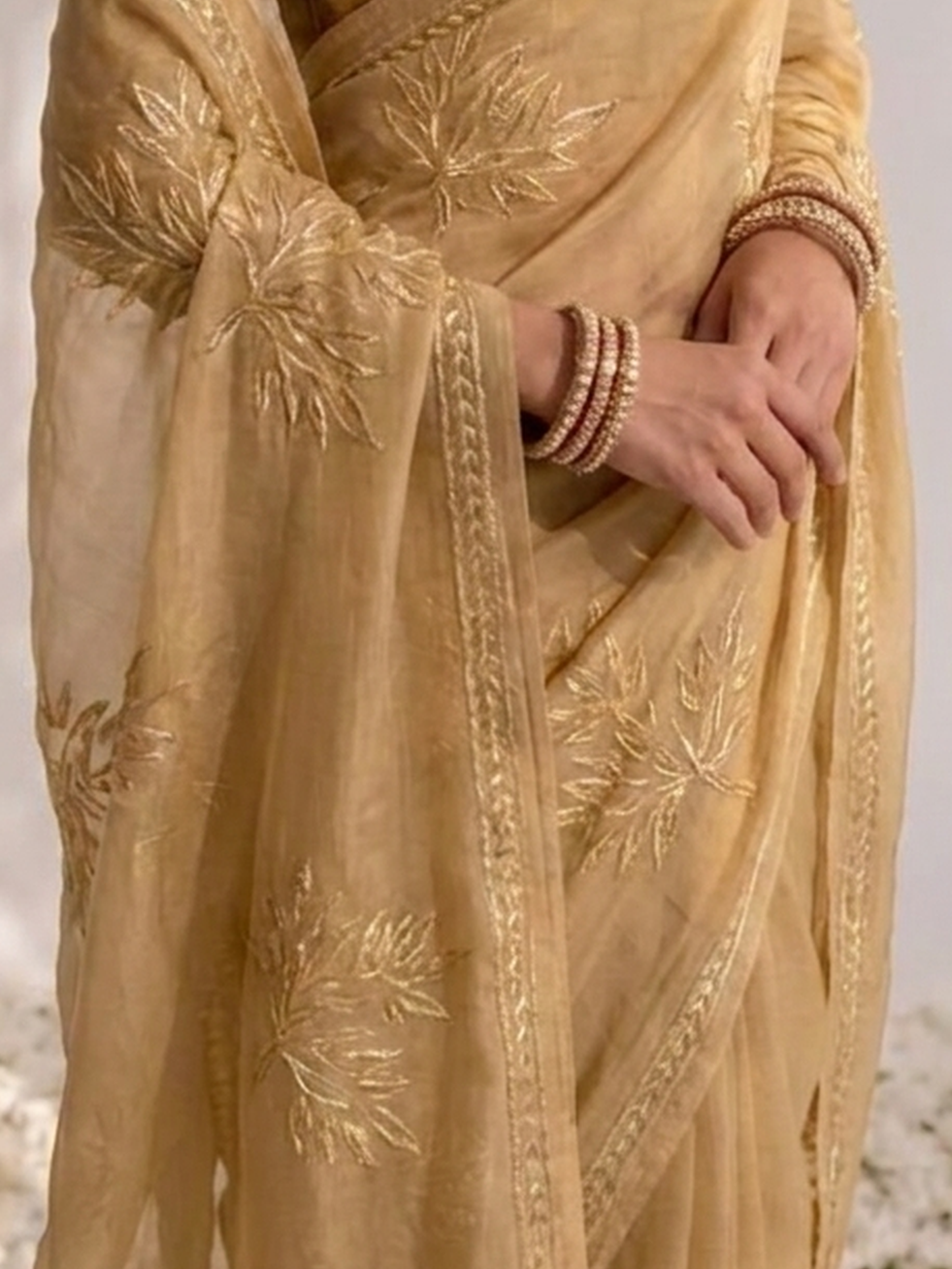 Beige and Fawn Ombre Diamond Chiffon Gota Patti Saree with Blouse Fabric