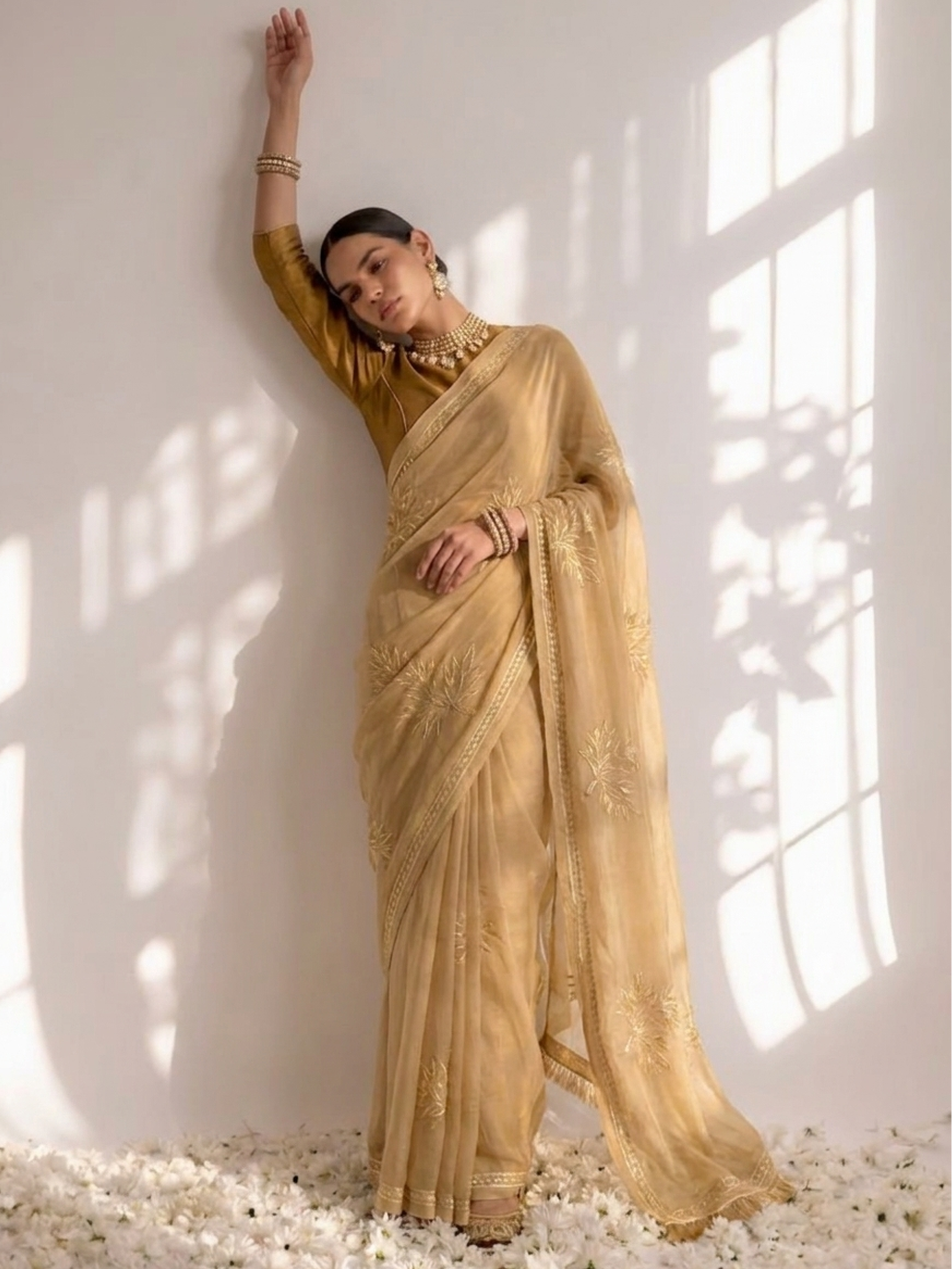 Beige and Fawn Ombre Diamond Chiffon Gota Patti Saree with Blouse Fabric