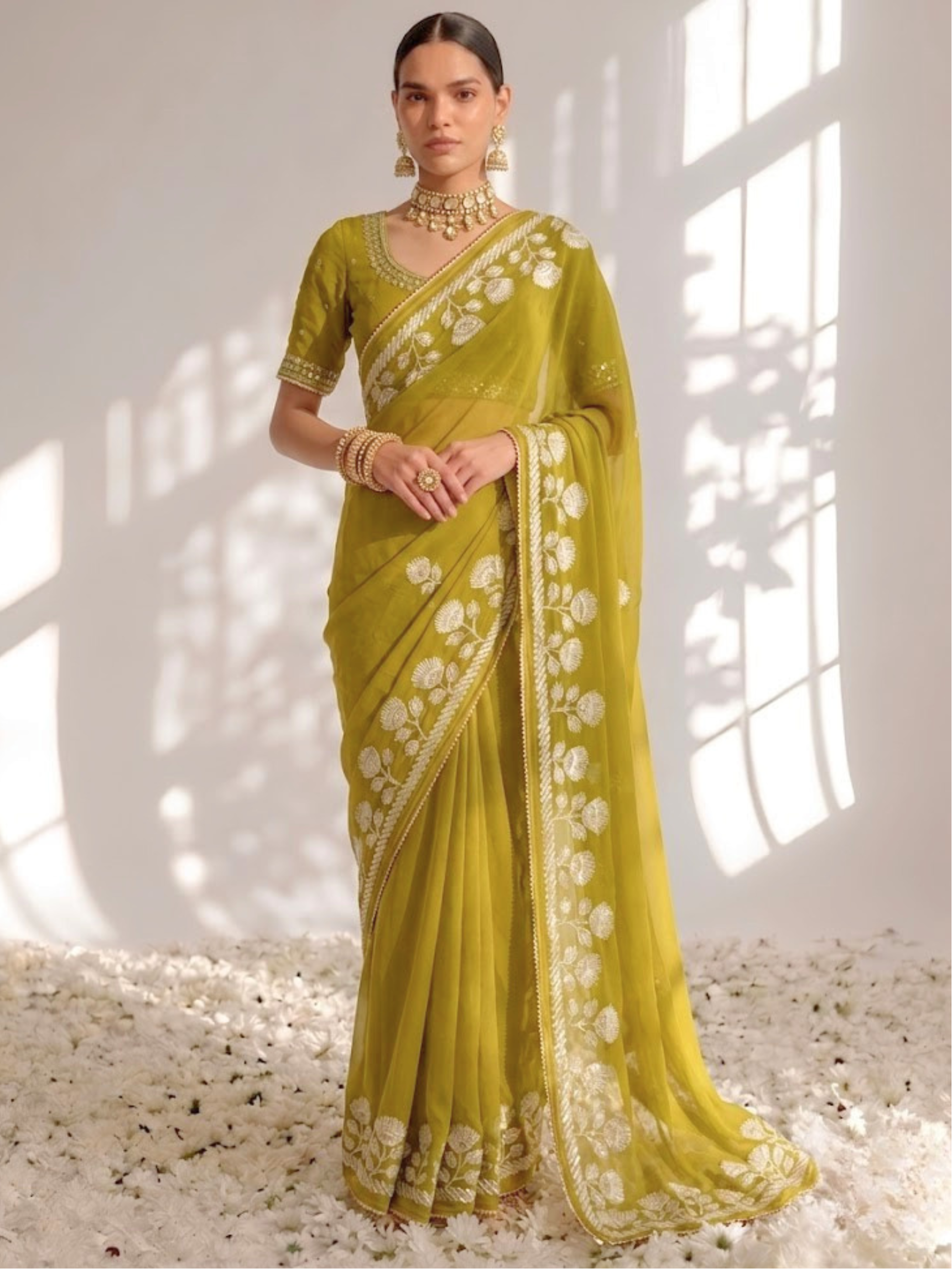 Lime Green Chiffon Gota Patti Saree with Red Piping and Blouse Fabric