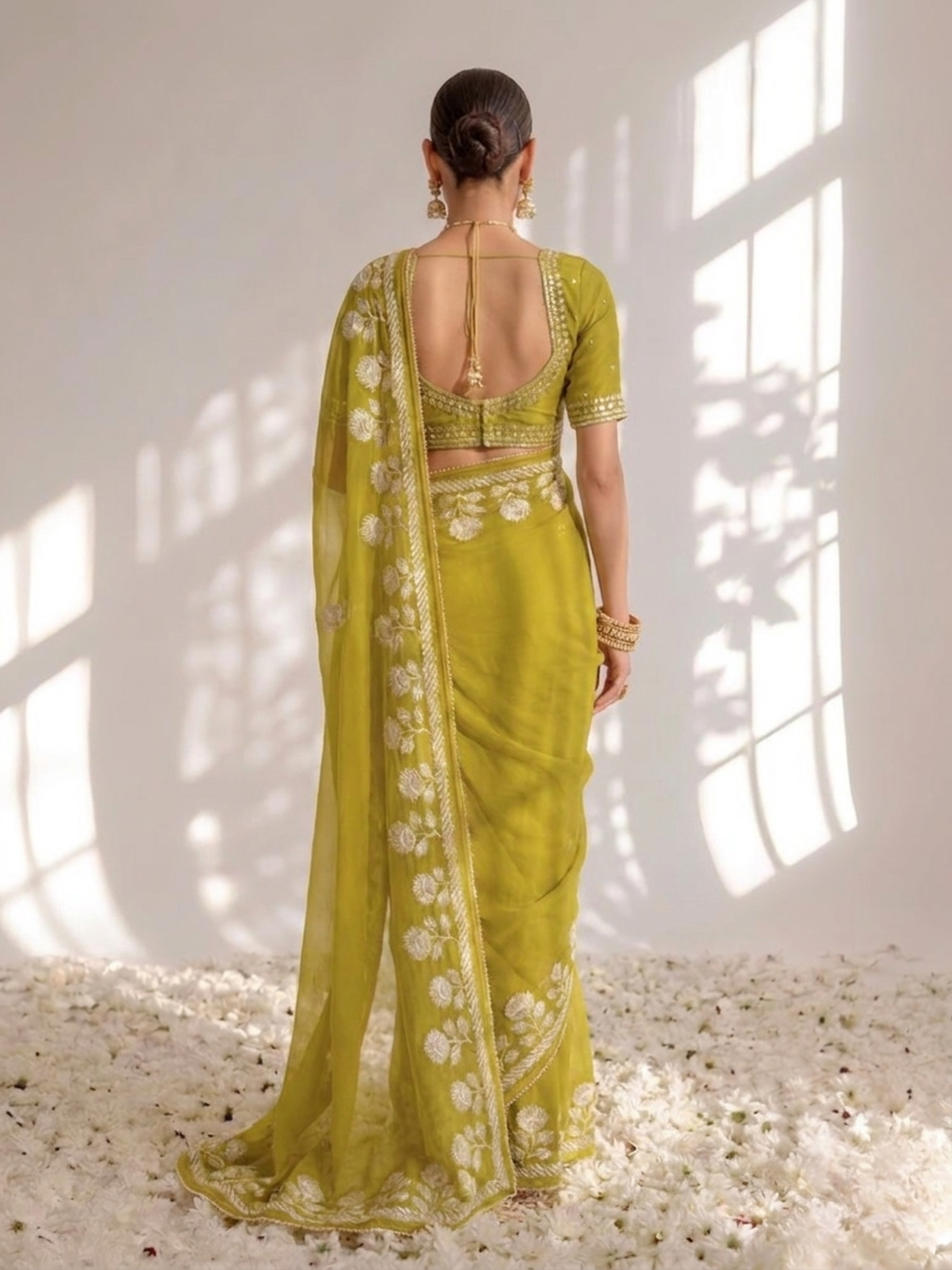 Lime Green Chiffon Gota Patti Saree with Red Piping and Blouse Fabric