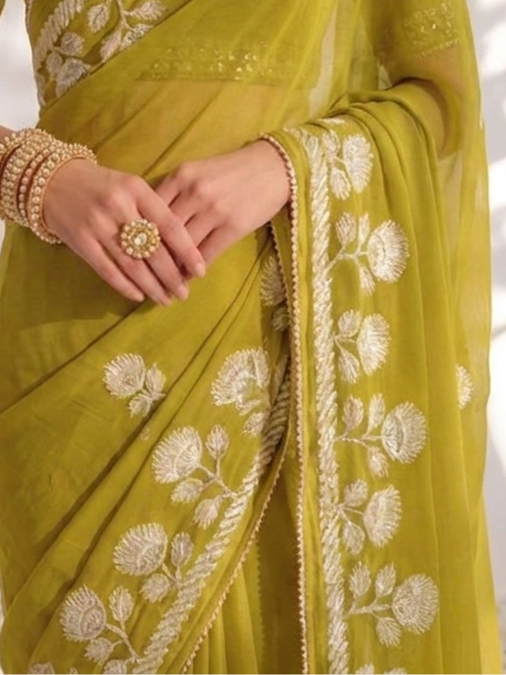 Lime Green Chiffon Gota Patti Saree with Red Piping and Blouse Fabric