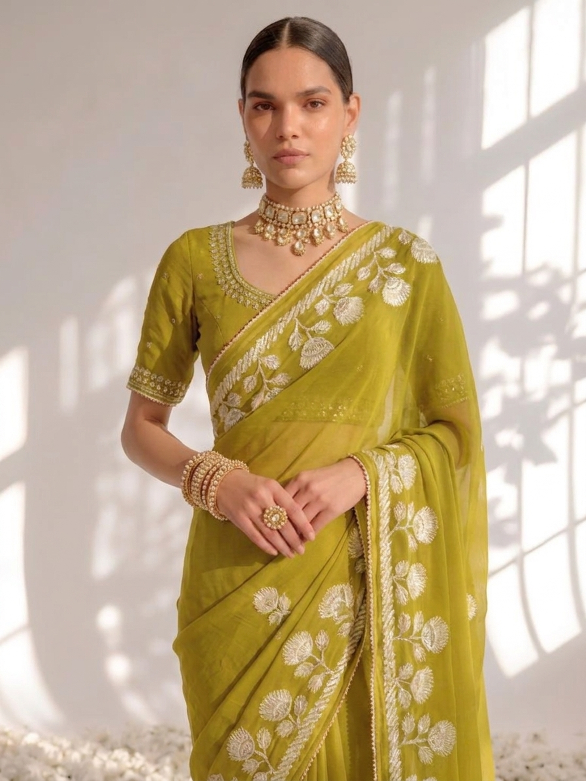 Lime Green Chiffon Gota Patti Saree with Red Piping and Blouse Fabric