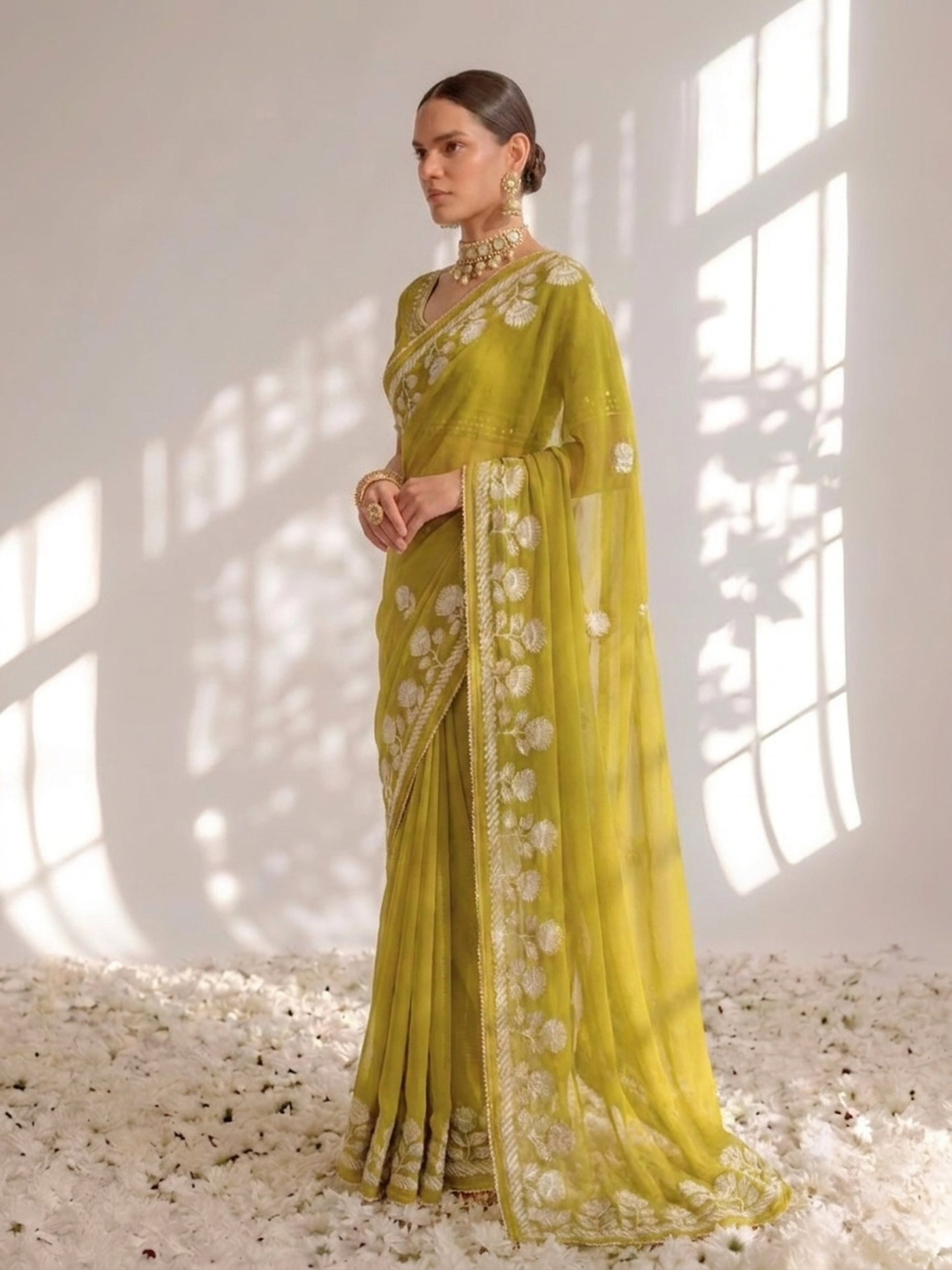 Lime Green Chiffon Gota Patti Saree with Red Piping and Blouse Fabric
