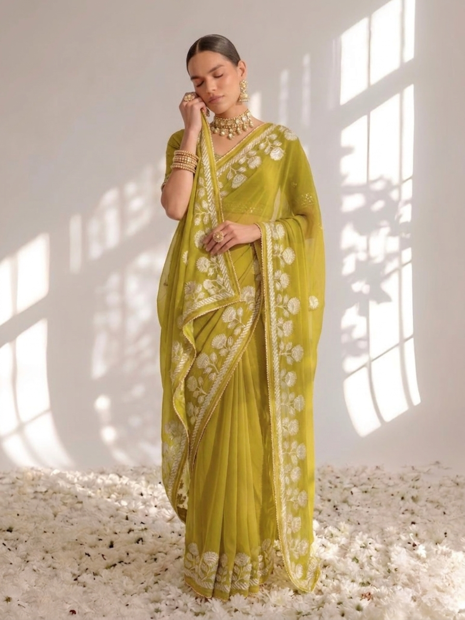Lime Green Chiffon Gota Patti Saree with Red Piping and Blouse Fabric