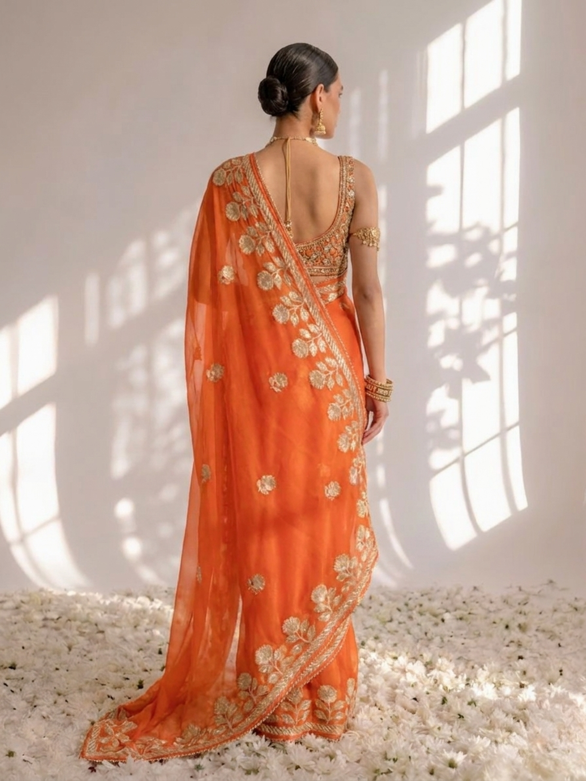 Tangerine Chiffon Gota Patti Saree with Piping and Blouse Fabric