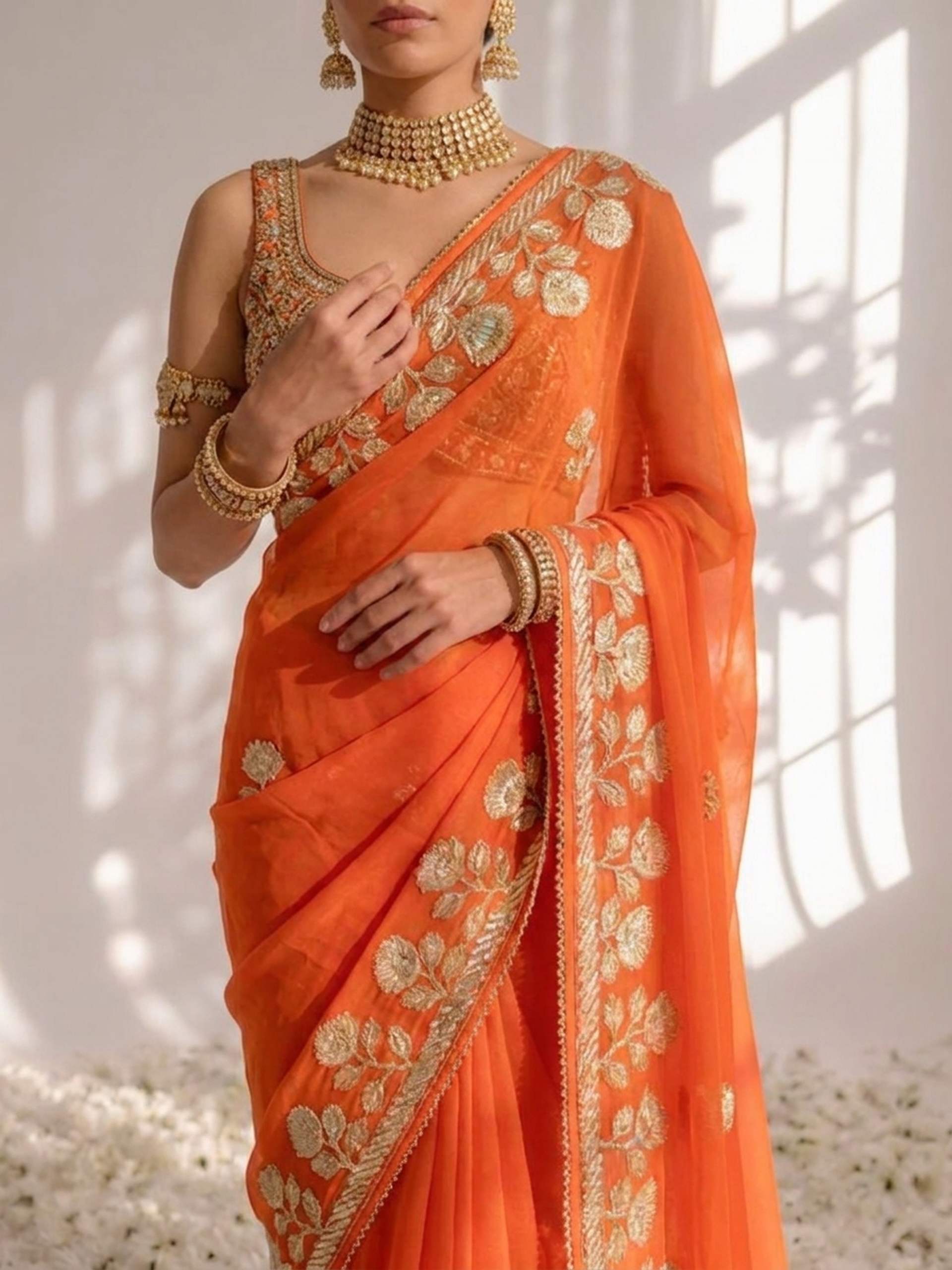 Tangerine Chiffon Gota Patti Saree with Piping and Blouse Fabric