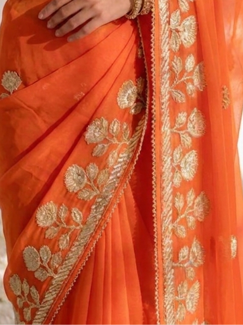 Tangerine Chiffon Gota Patti Saree with Piping and Blouse Fabric