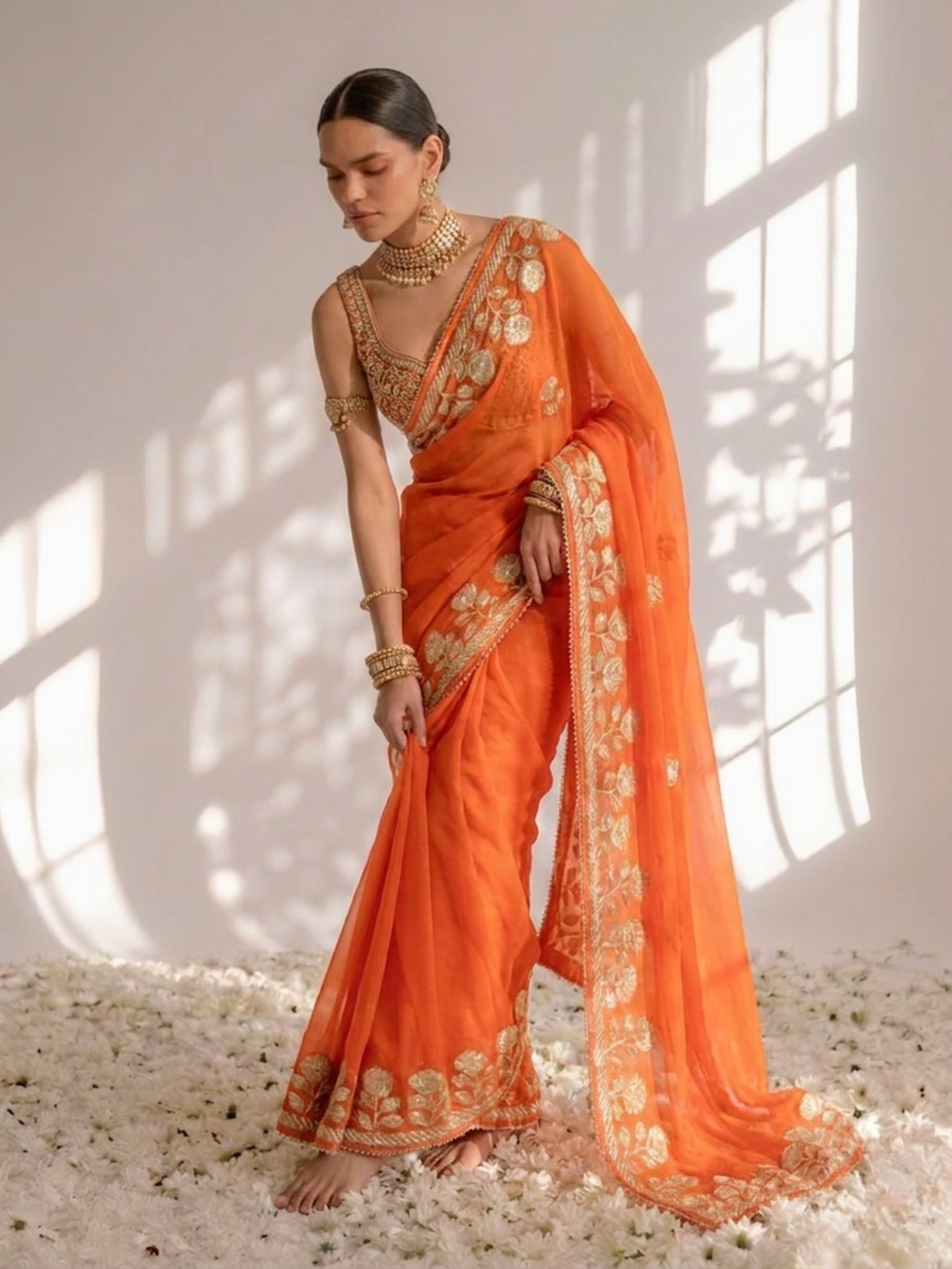 Tangerine Chiffon Gota Patti Saree with Piping and Blouse Fabric