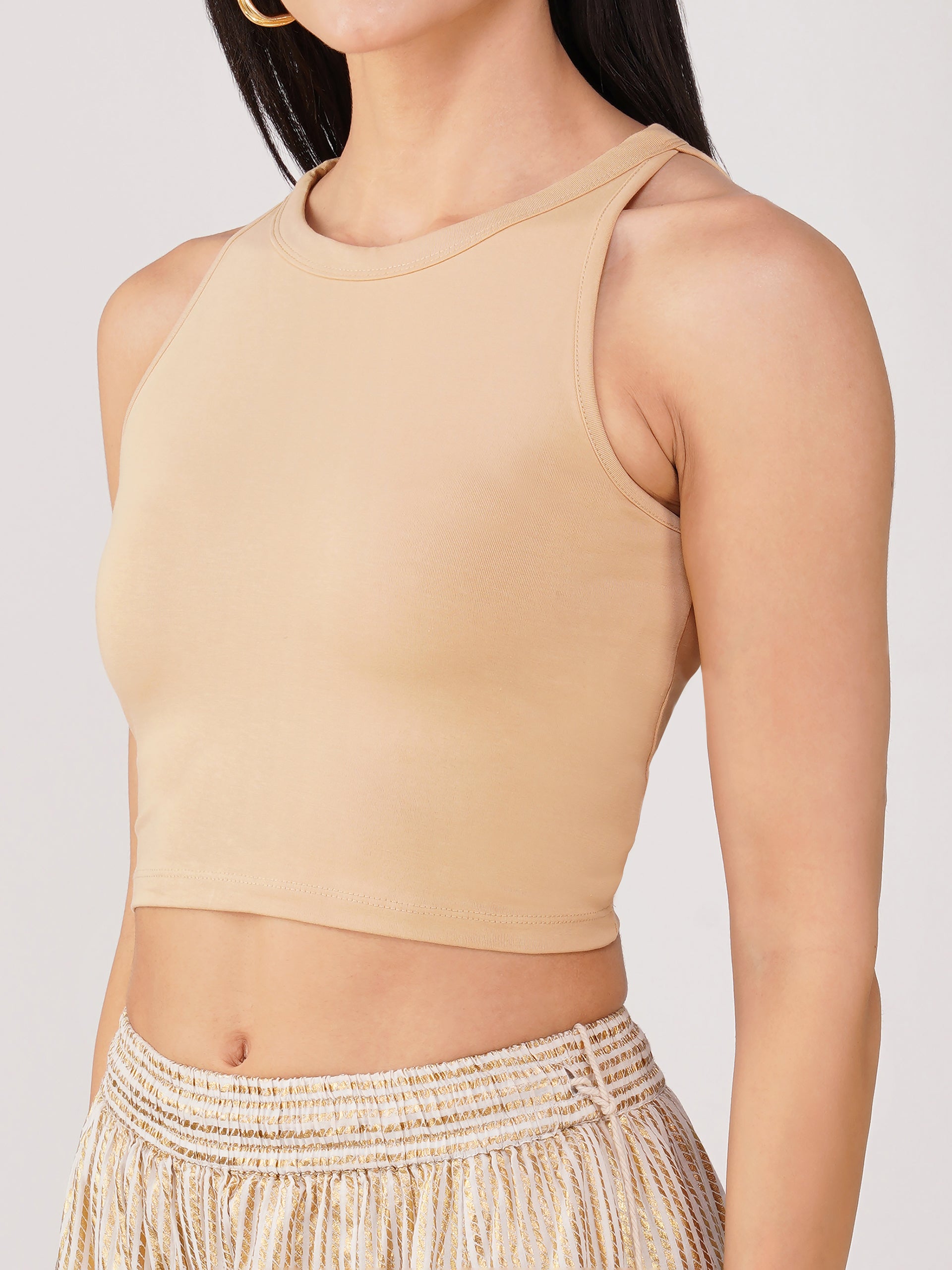 Women's Stretchy Knitted Halter Neck Nude Crop Top