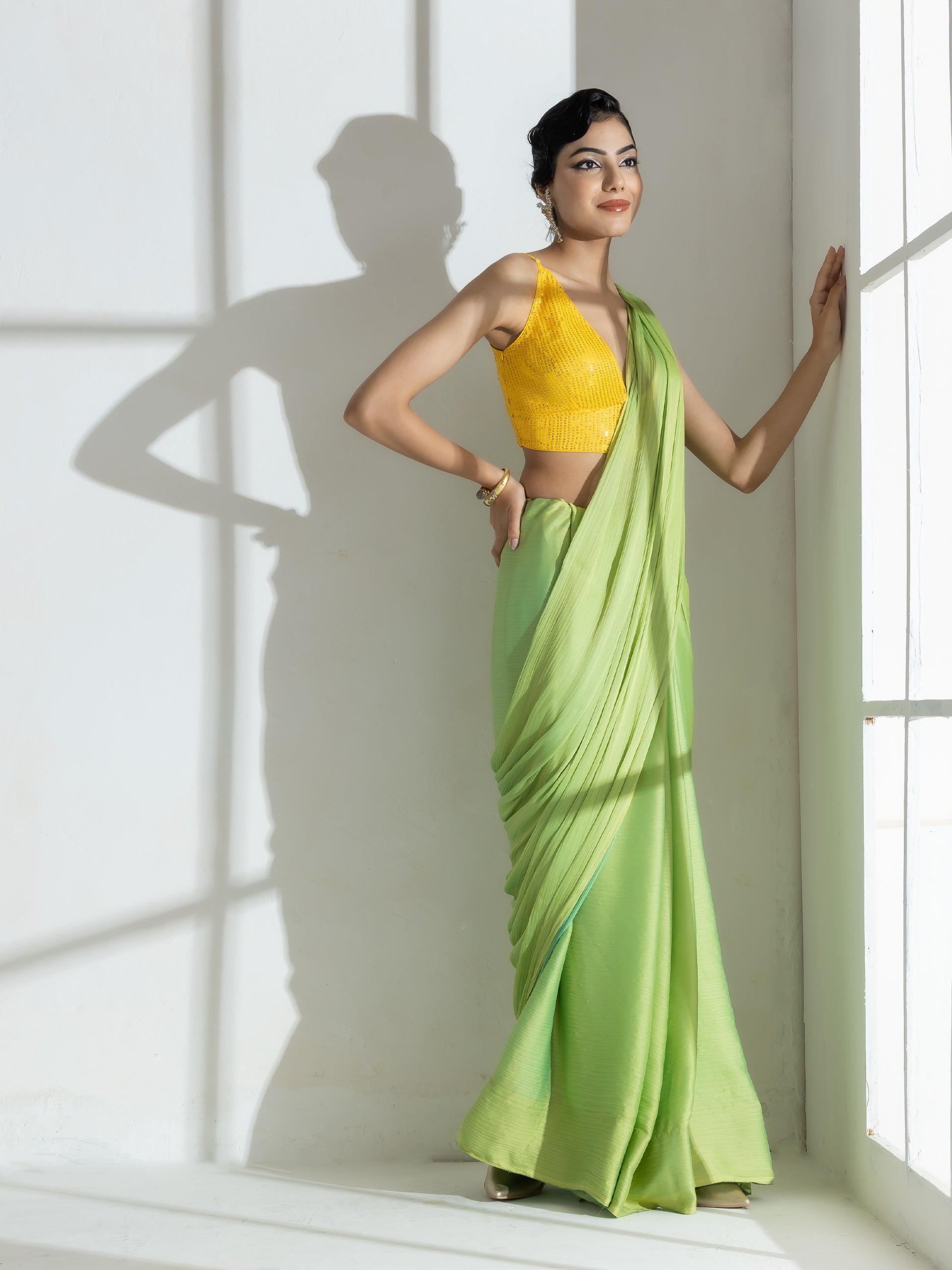 Lime and blue dual shade texture chiffon saree with beads — view 3