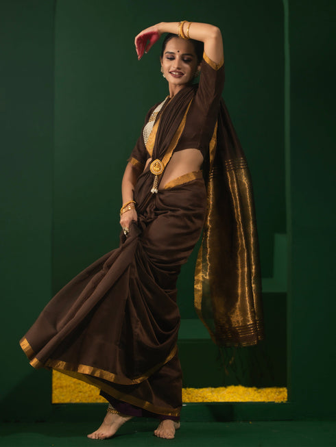 Coffee and Bronze Cotton Silk Saree with Blouse Fabric