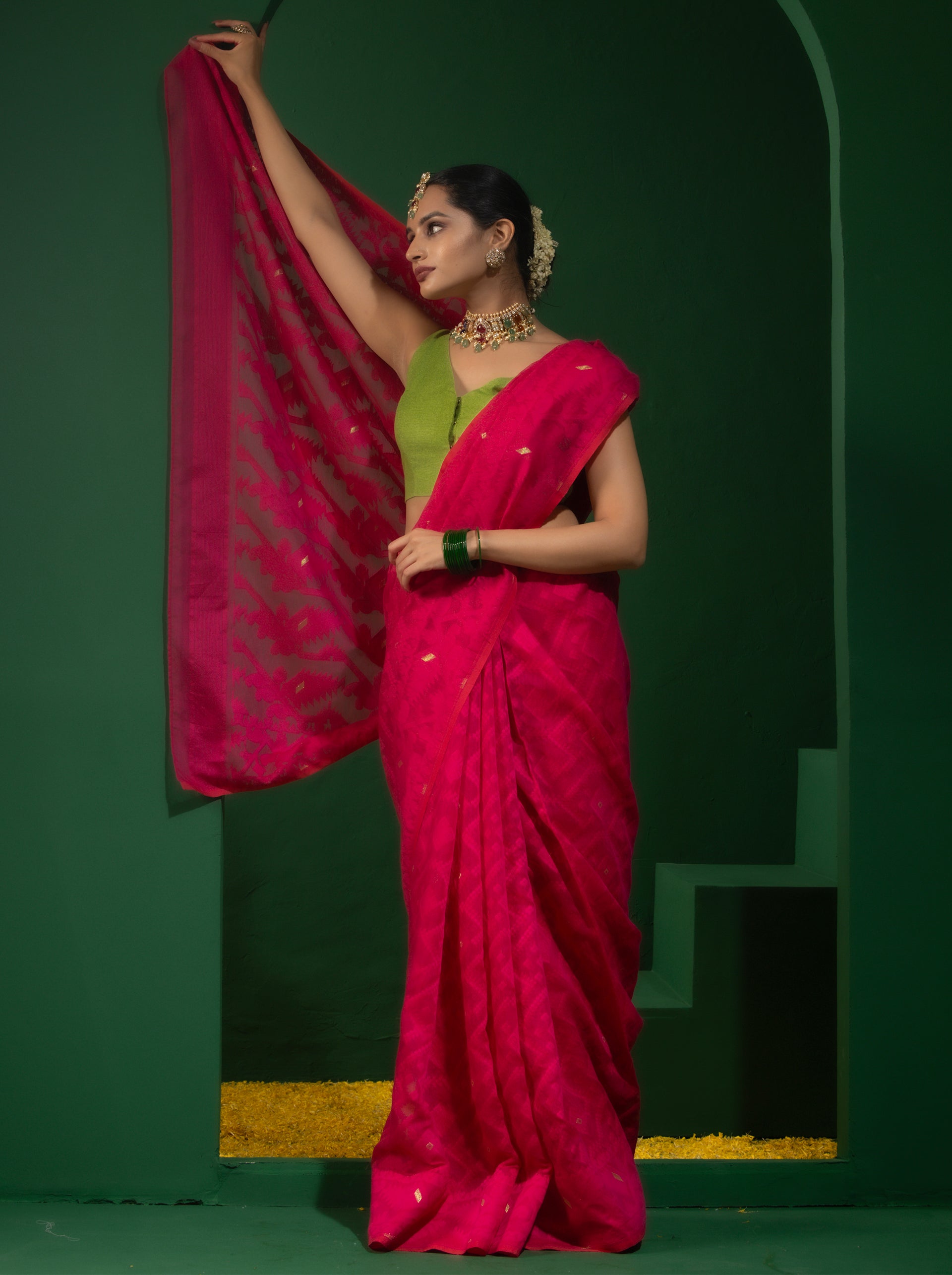 Authentic Aishwarya Pink Jamdani Cotton Saree