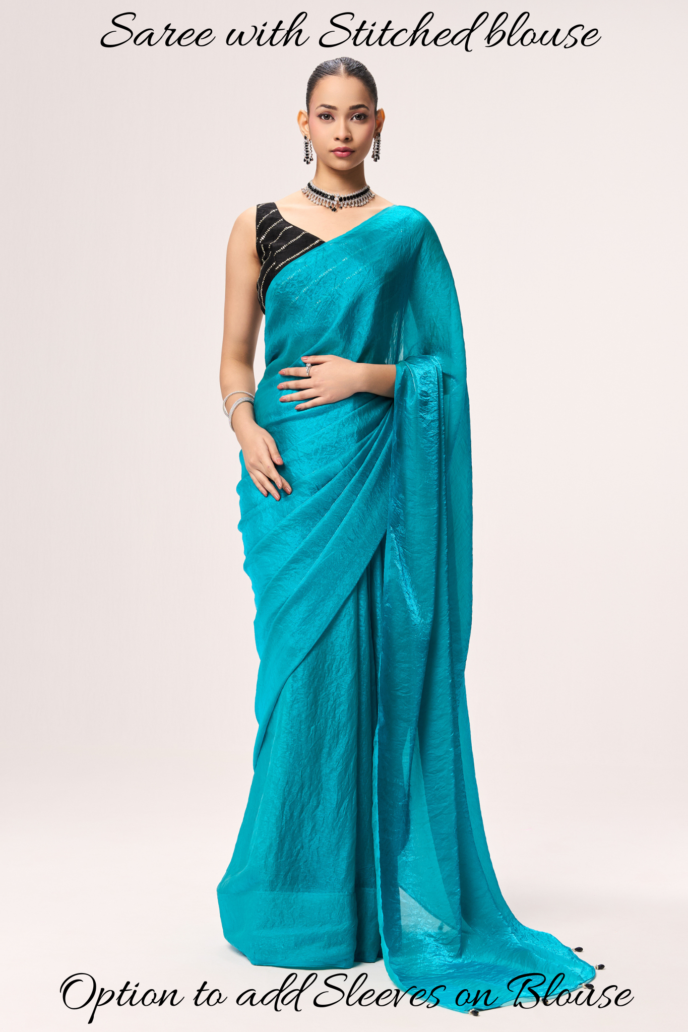 Azure Blue Metallic Satin Saree with Black Sequin Readymade Blouse