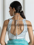 Tiffany Blue Organza Chiffon Saree with Self Stripes and Pearl Pendants