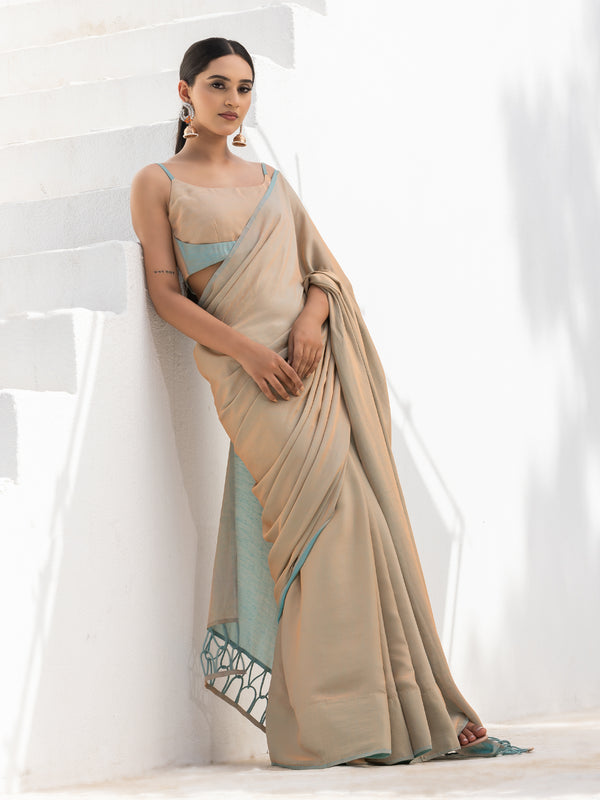 Champagne Cream & Powder Blue Dual Shade Satin Saree with Blouse Fabric