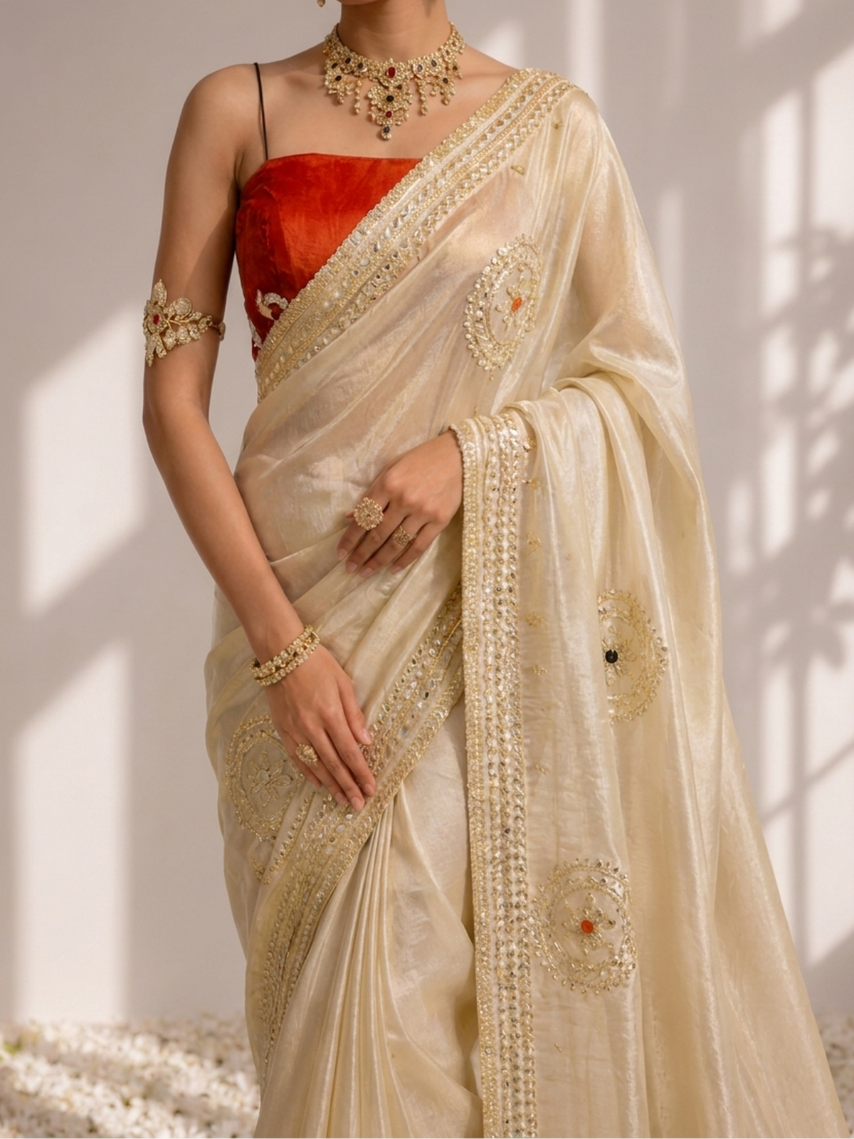 Gold Tissue with Tangerine Blouse Gota Patti Saree with Blouse Fabric