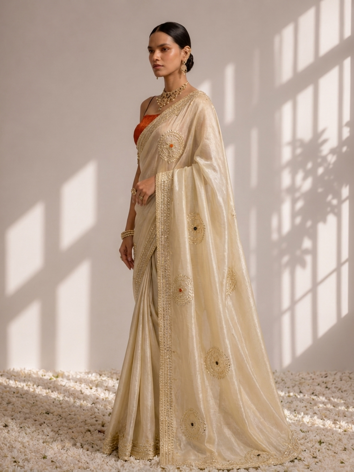 Gold Tissue with Tangerine Blouse Gota Patti Saree with Blouse Fabric