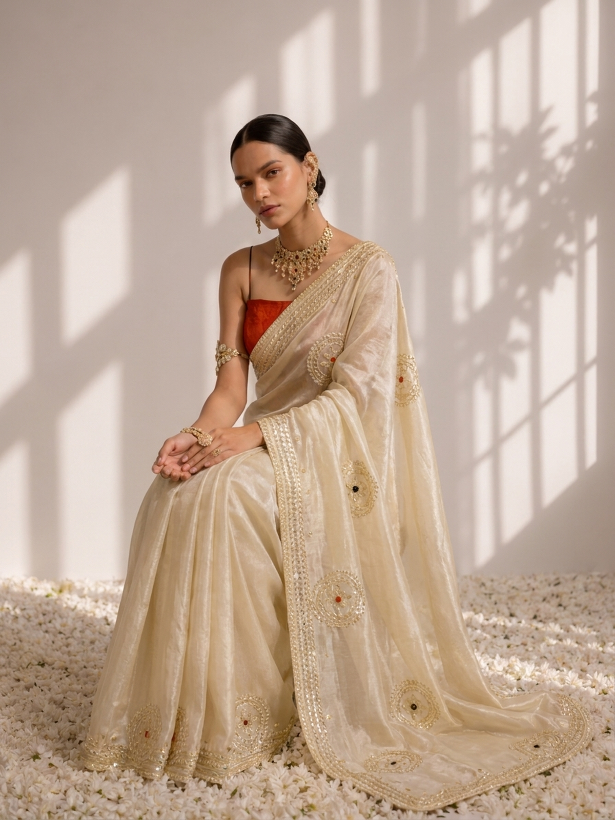 Gold Tissue with Tangerine Blouse Gota Patti Saree with Blouse Fabric