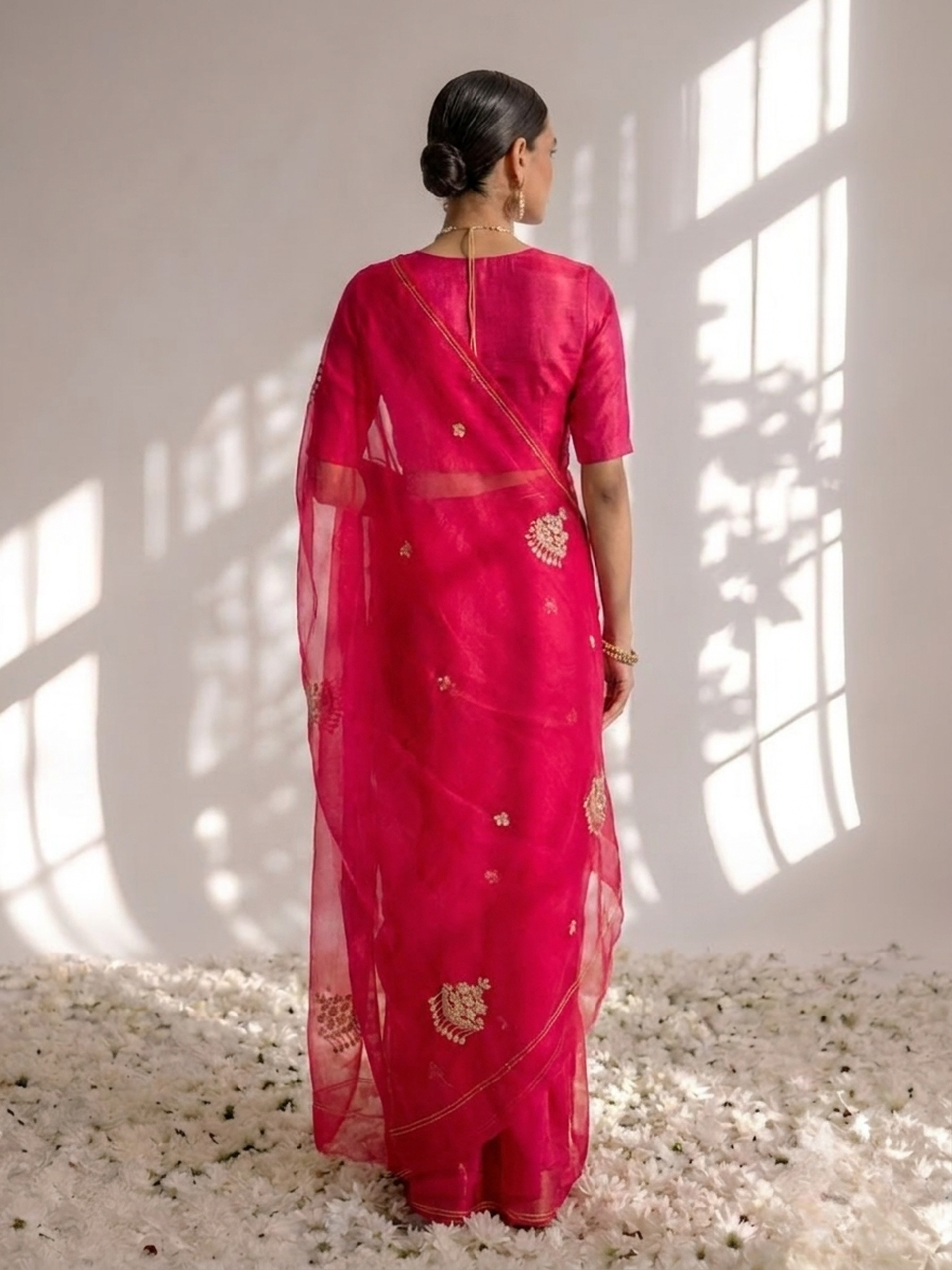 Rani Pink and Red Pure Silk Chiffon Hand Ombre Saree with Jewellery Embroidery and Blouse Fabric