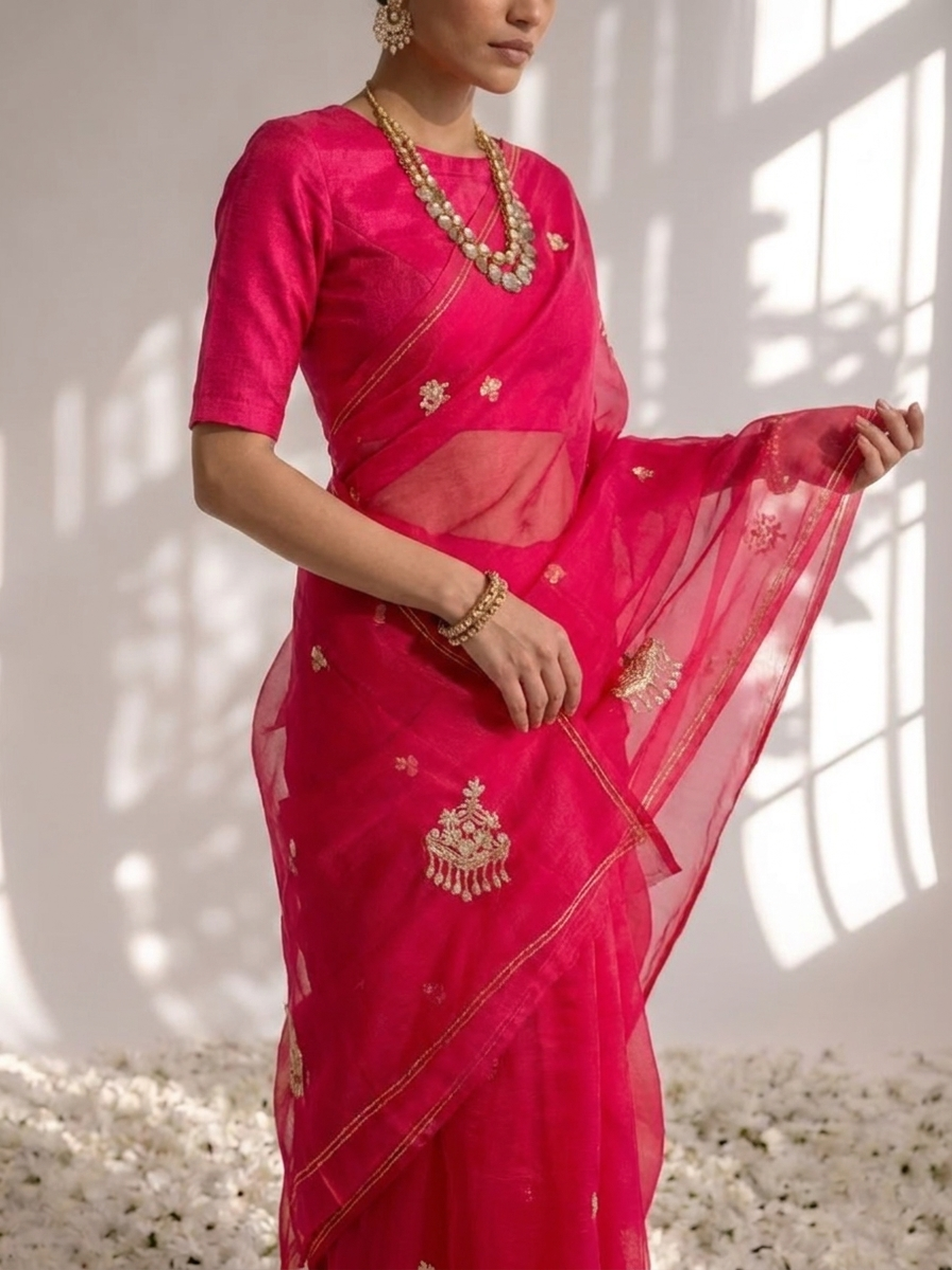 Rani Pink and Red Pure Silk Chiffon Hand Ombre Saree with Jewellery Embroidery and Blouse Fabric