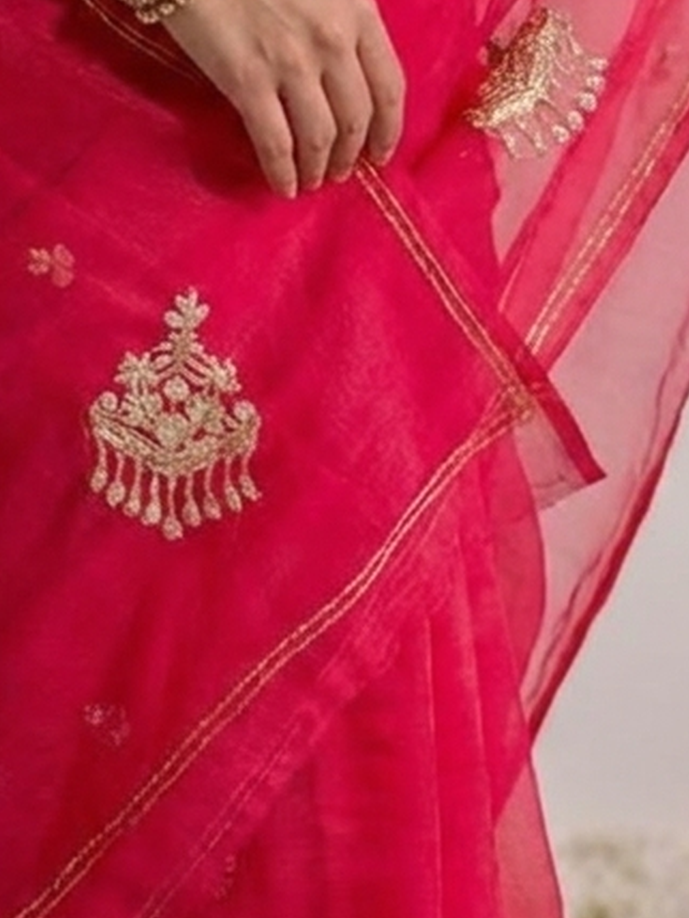 Rani Pink and Red Pure Silk Chiffon Hand Ombre Saree with Jewellery Embroidery and Blouse Fabric
