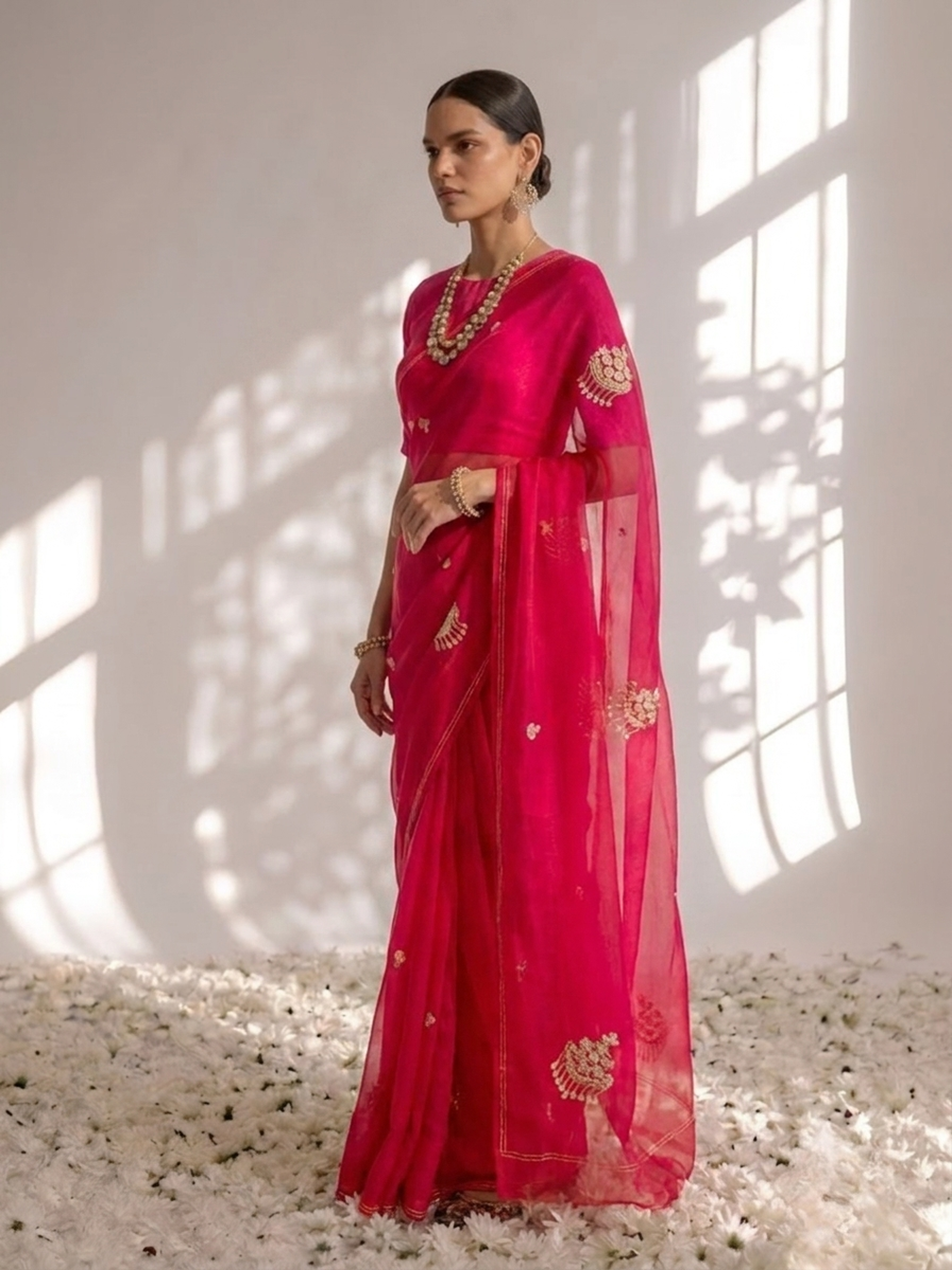 Rani Pink and Red Pure Silk Chiffon Hand Ombre Saree with Jewellery Embroidery and Blouse Fabric